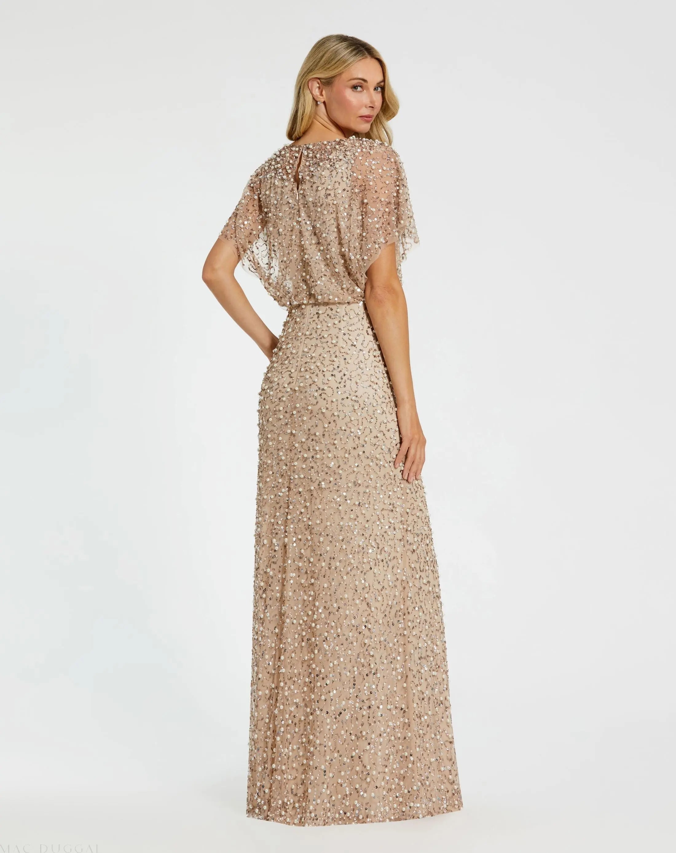 Beige Beaded Mesh Cape Gown - Mac Duggal