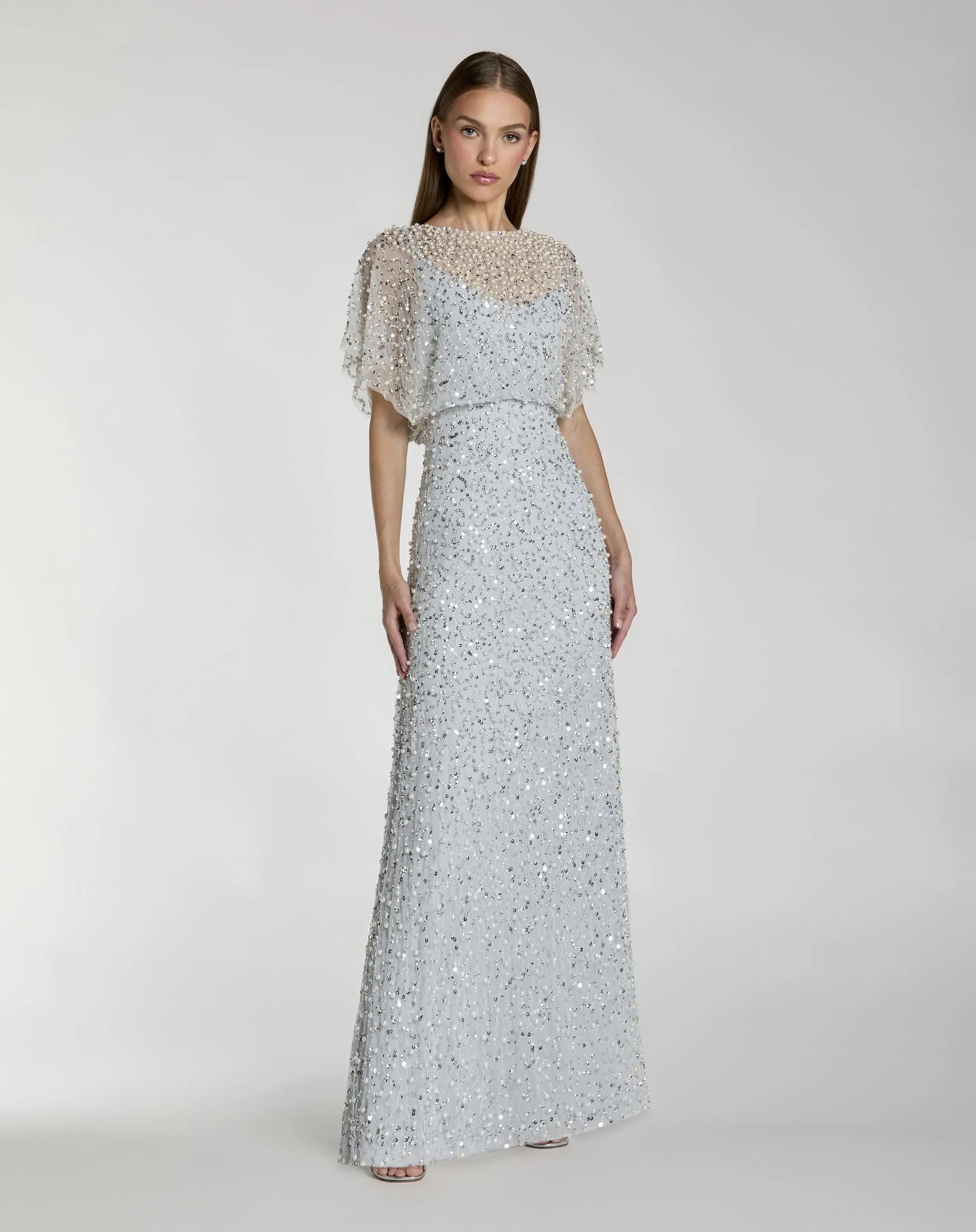 Blue High Neck Short Sleeve Embellished Gown- Mac Duggal