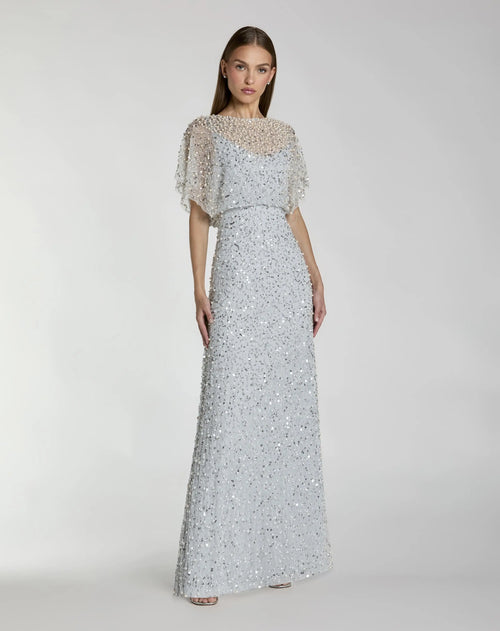 Blue High Neck Short Sleeve Embellished Gown- Mac Duggal