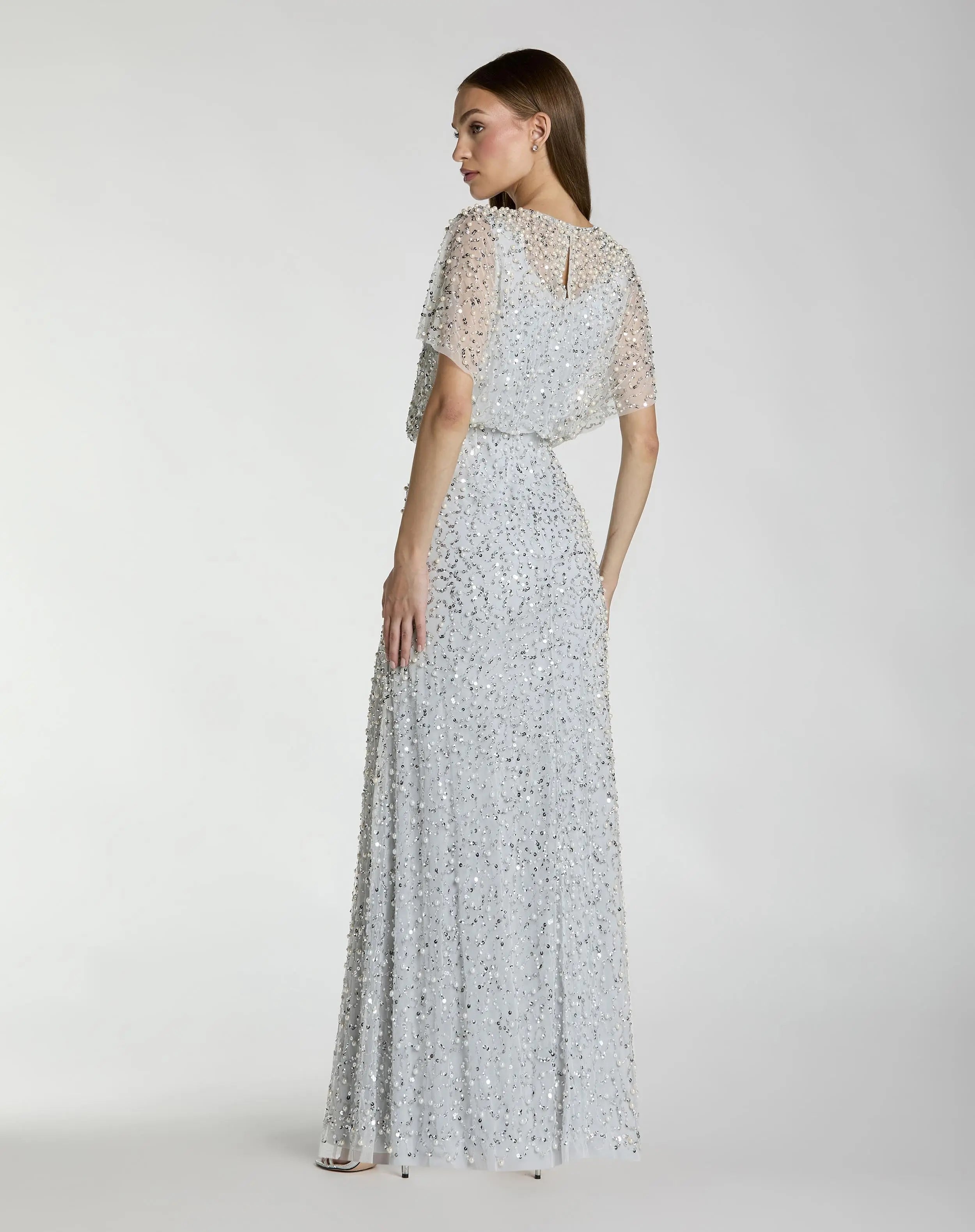 Blue High Neck Short Sleeve Embellished Gown- Mac Duggal