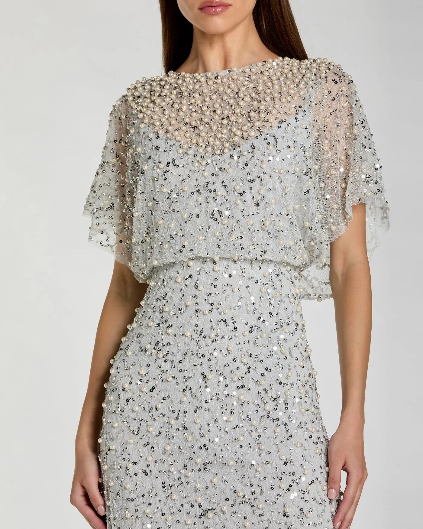 Blue High Neck Short Sleeve Embellished Gown Mac Duggal