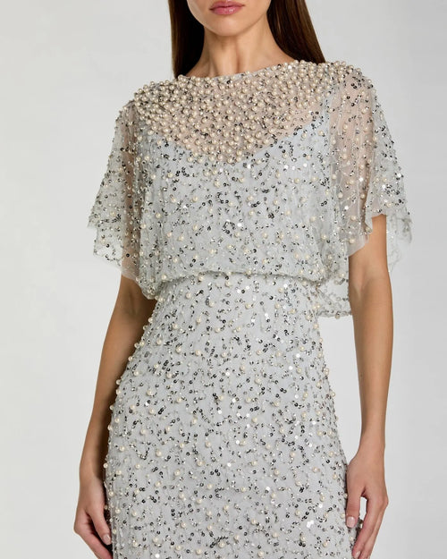 Blue High Neck Short Sleeve Embellished Gown Mac Duggal