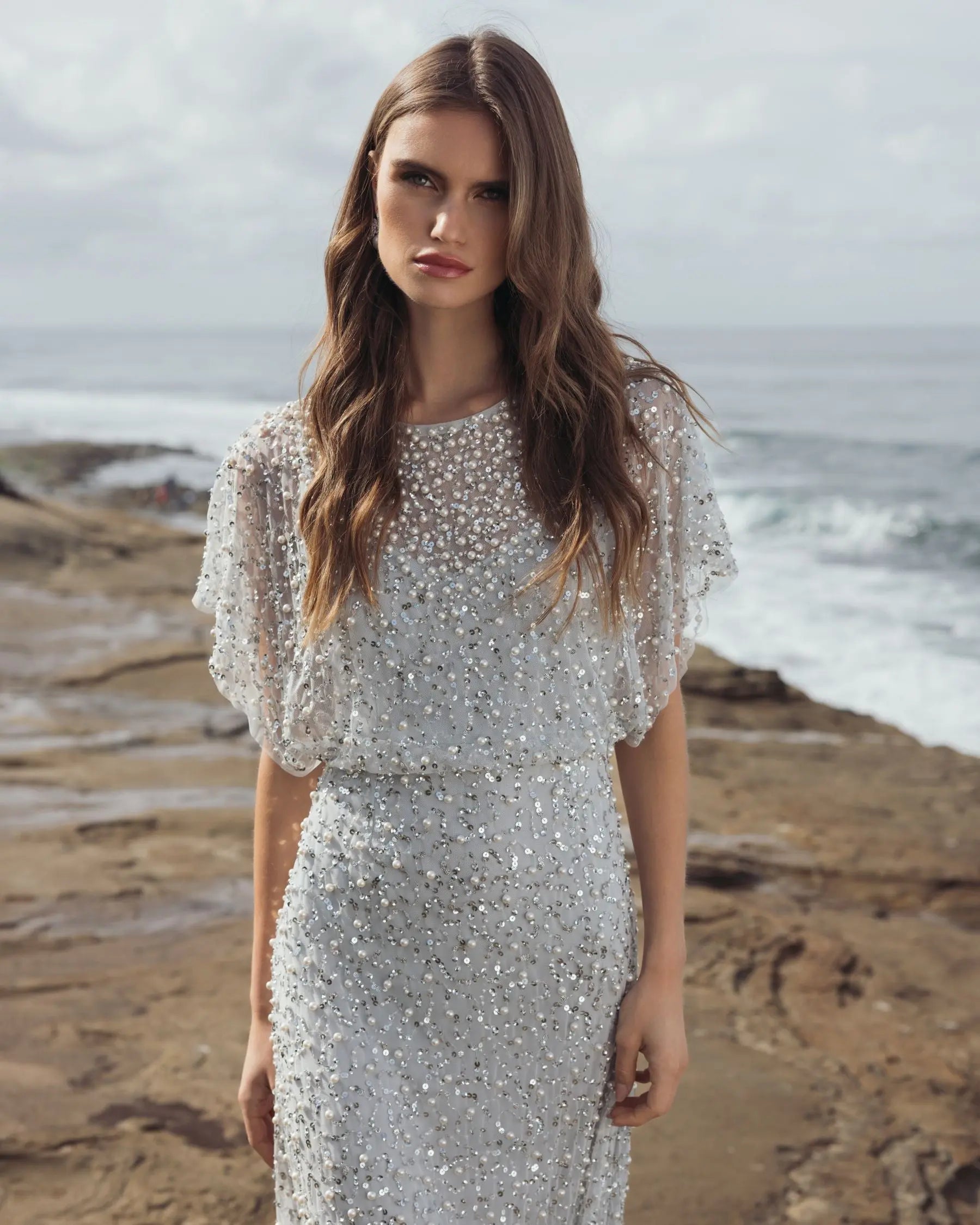 Blue High Neck Short Sleeve Embellished Gown- Mac Duggal