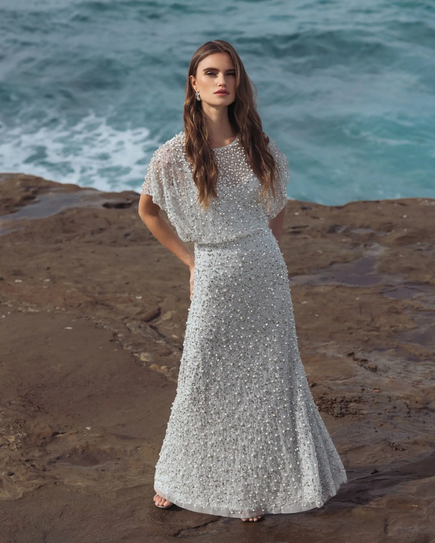 Blue High Neck Short Sleeve Embellished Gown- Mac Duggal