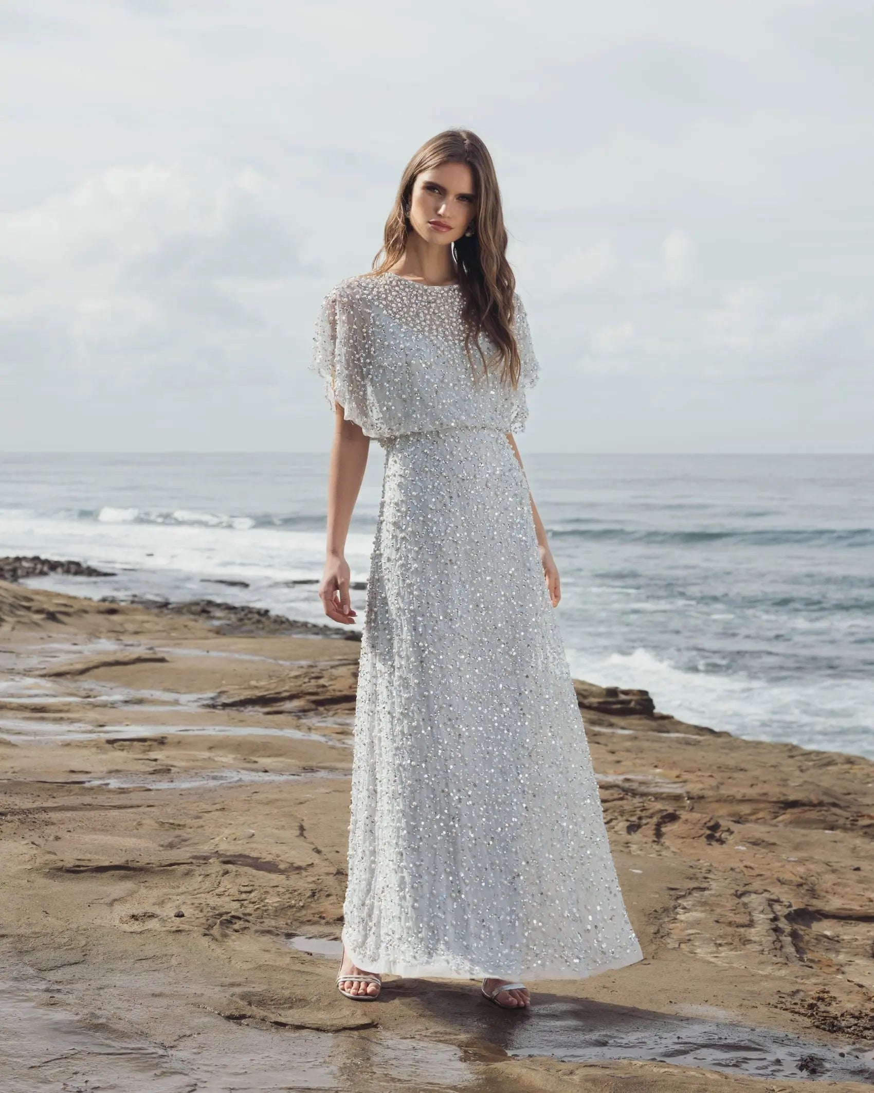 Blue High Neck Short Sleeve Embellished Gown- Mac Duggal