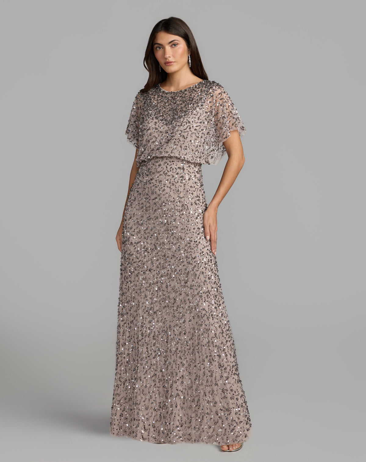 Lilac High Neck Short Sleeve Embellished Gown - Mac Duggal