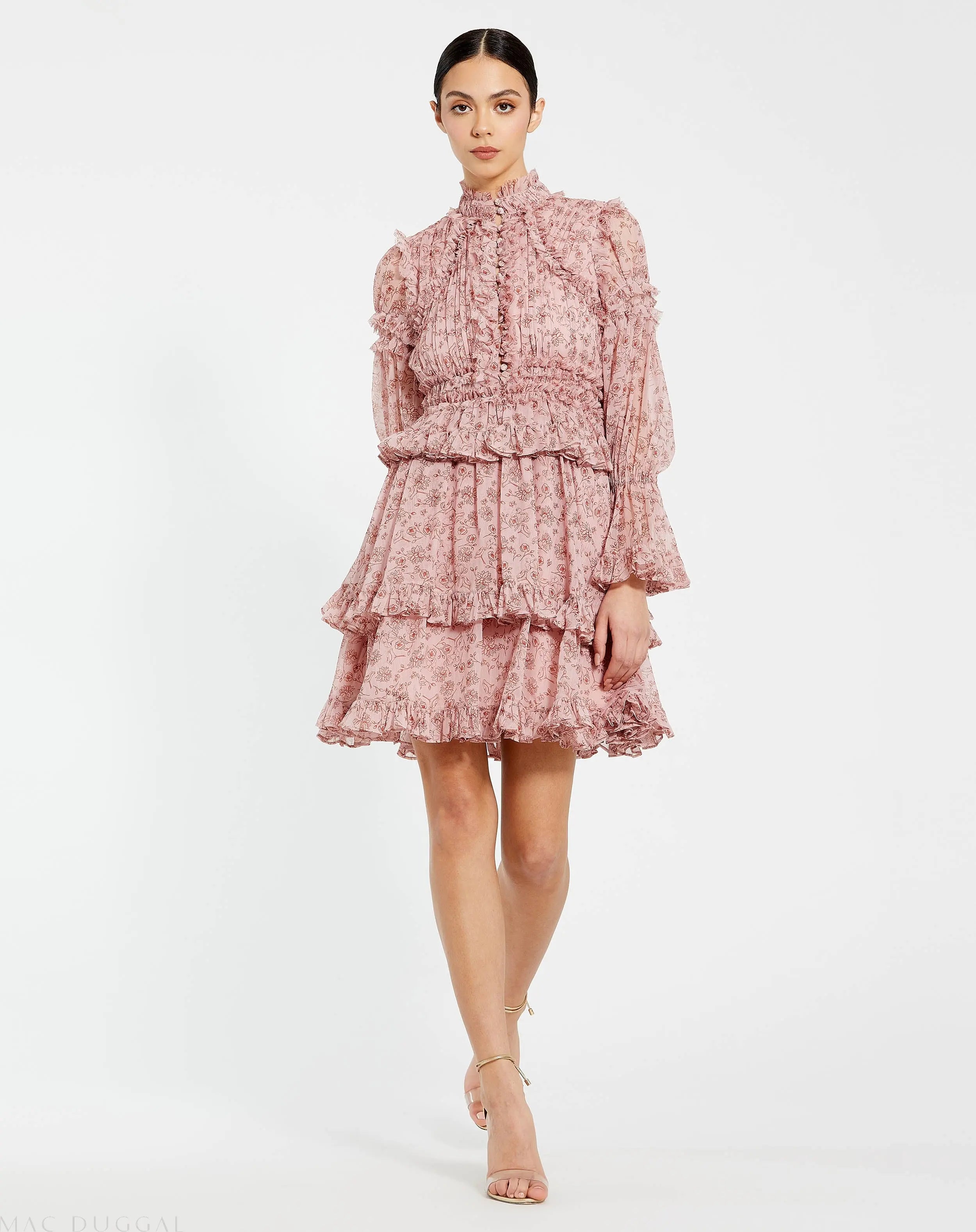 Pink Long Sleeve Mock Neck Ruffle Mini Dress - Ieena for Mac Duggal
