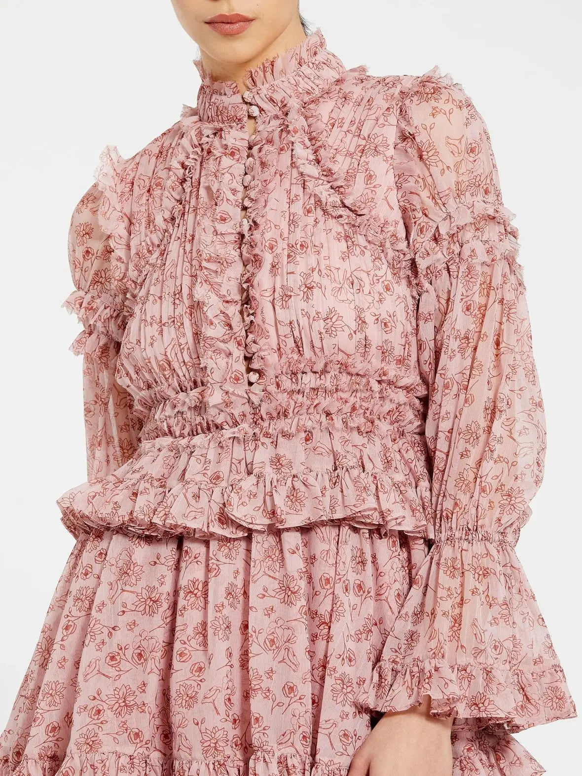 Pink Long Sleeve Mock Neck Ruffle Mini Dress | Mac Duggal Cinnamon / US 14 Pink Long Sleeve Mock Neck Ruffle Mini Dress | Mac Duggal Cinnamon / US 14