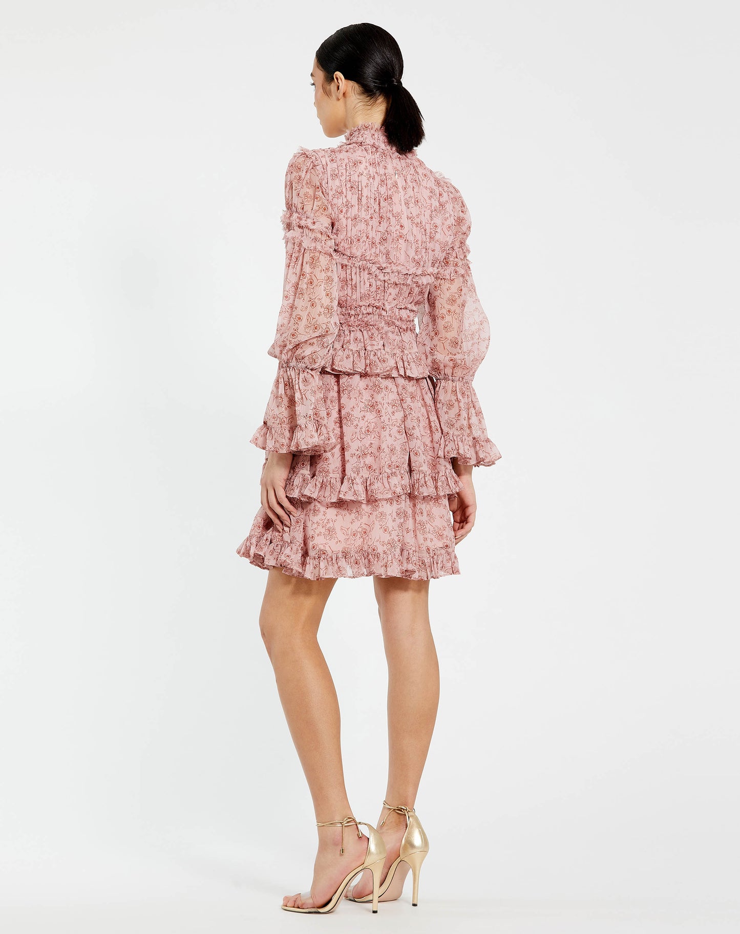 Long Sleeve Open Front High Neck Ruffle Mini Dress