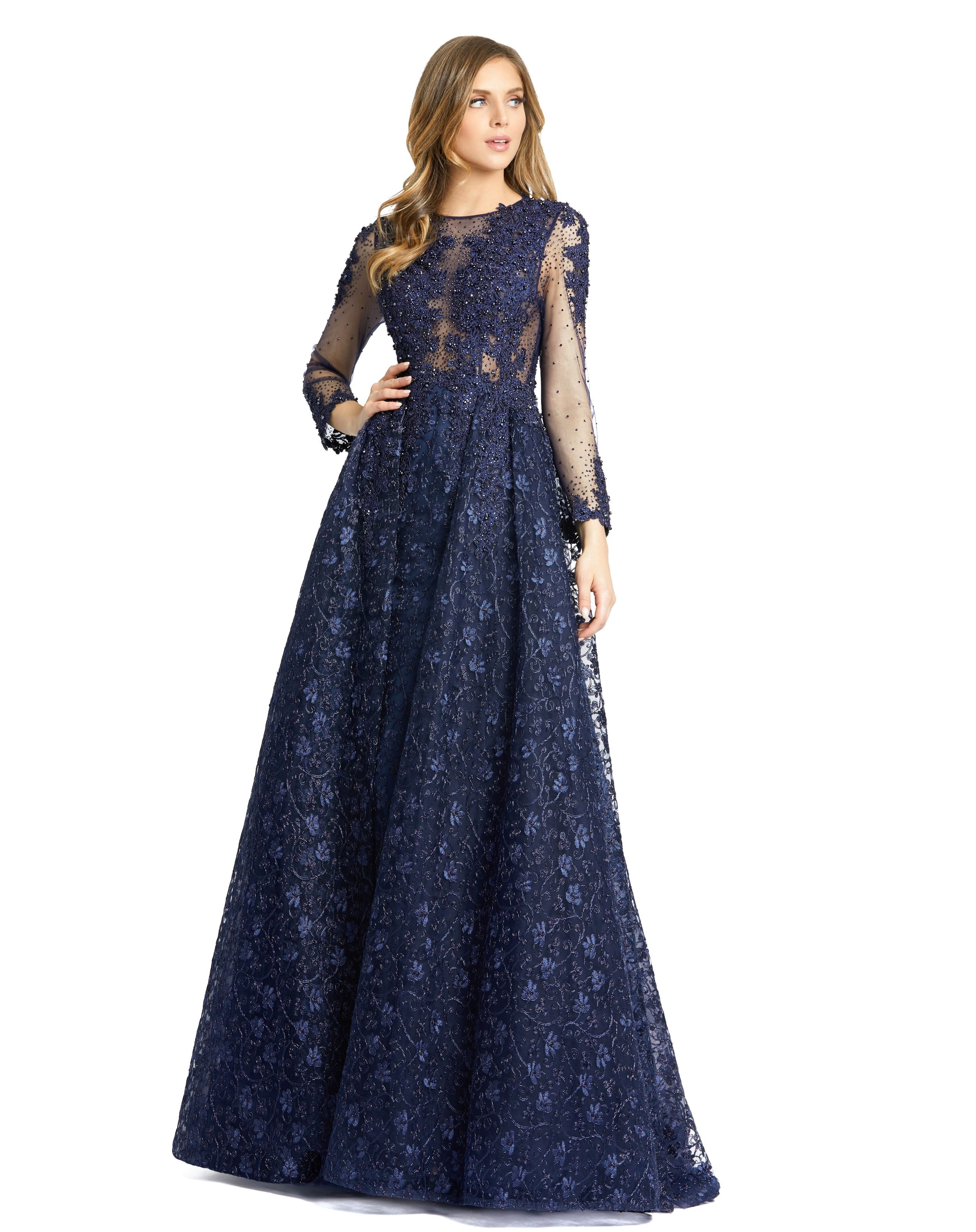 Embellished Illusion Long Sleeve A-Line Gown – Mac Duggal