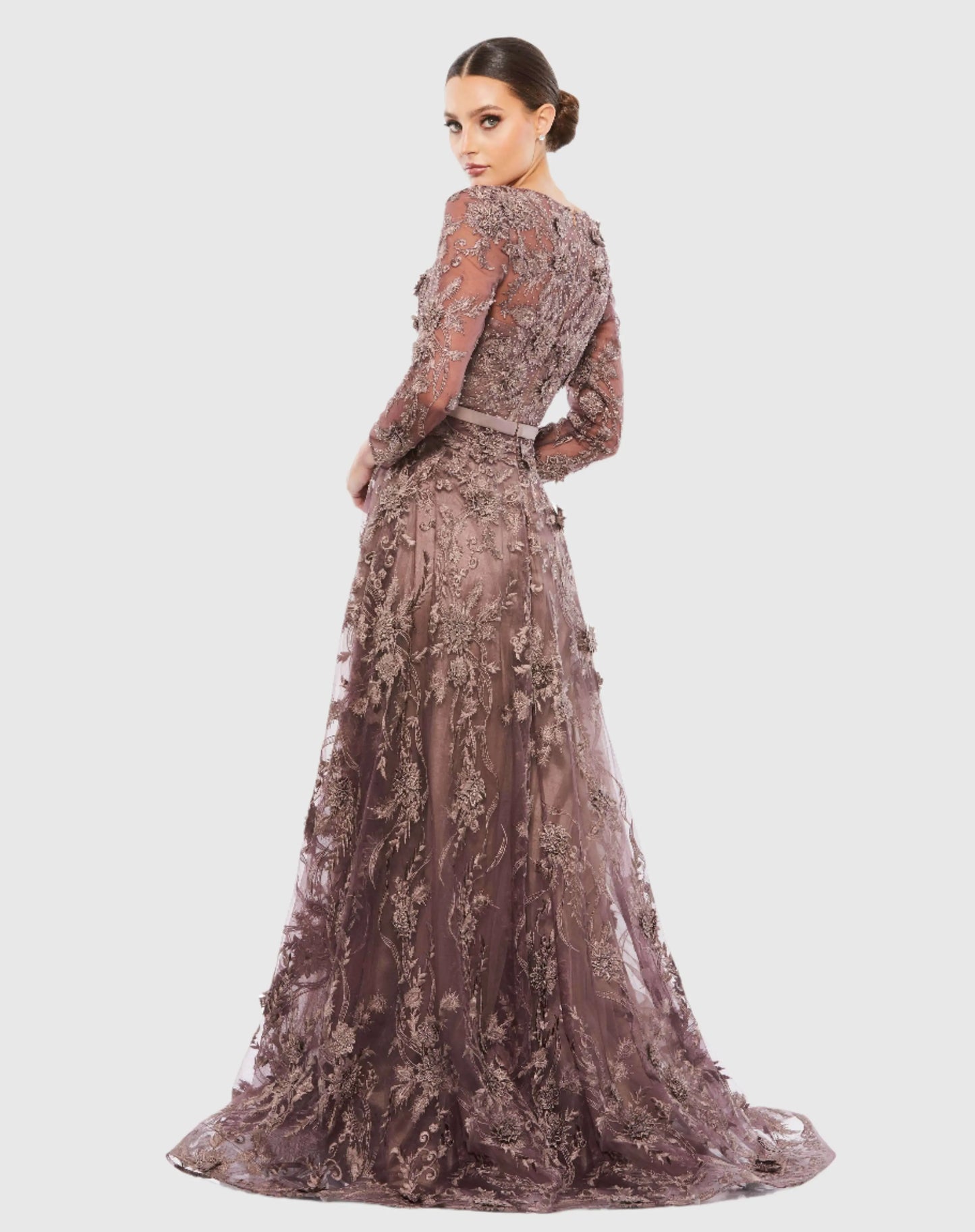 Embroidered Long Sleeve Plunge Neck A-Line Gown - Mac Duggal