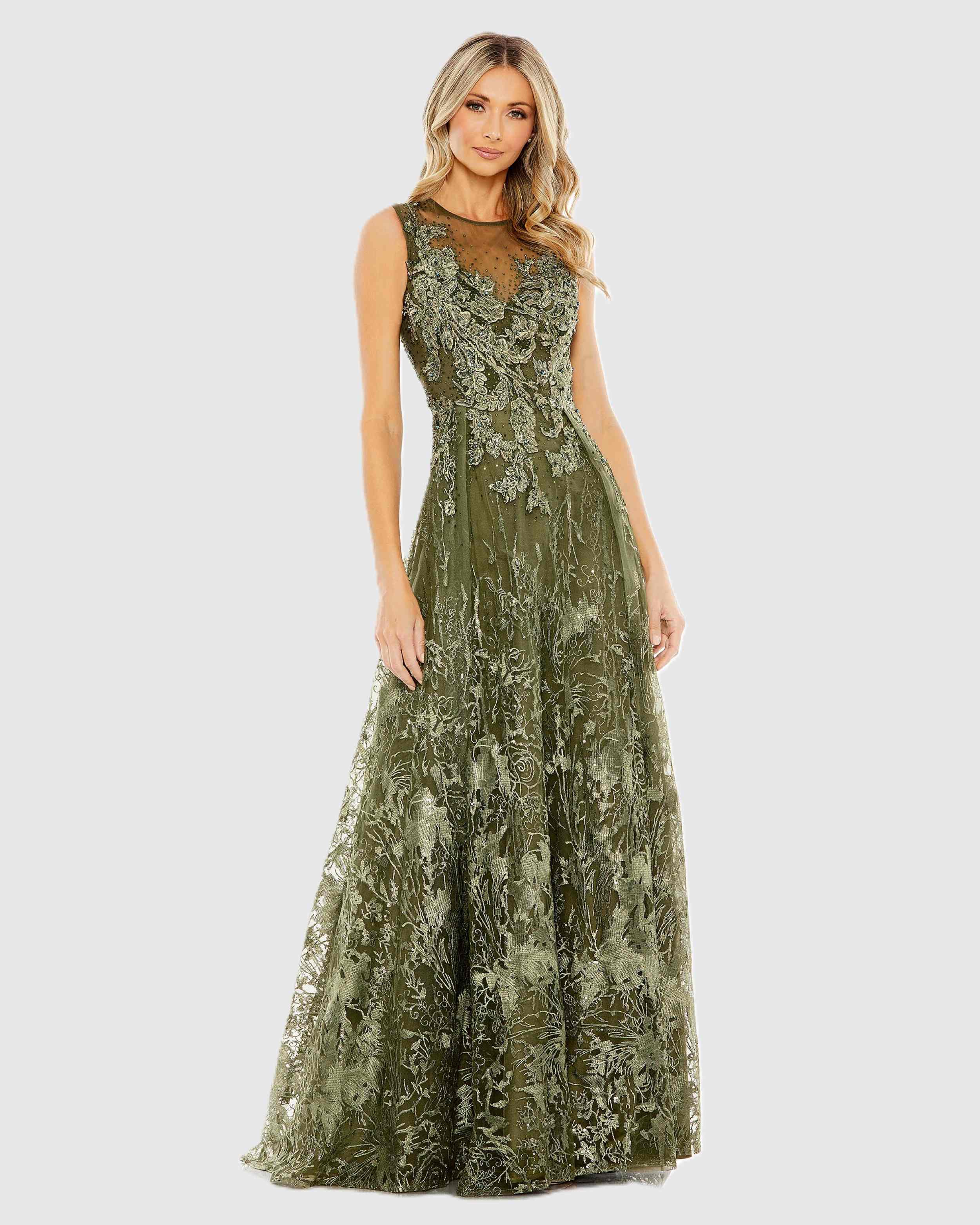Green Embellished Embroidered Sleeveless A Line Gown - Mac Duggal