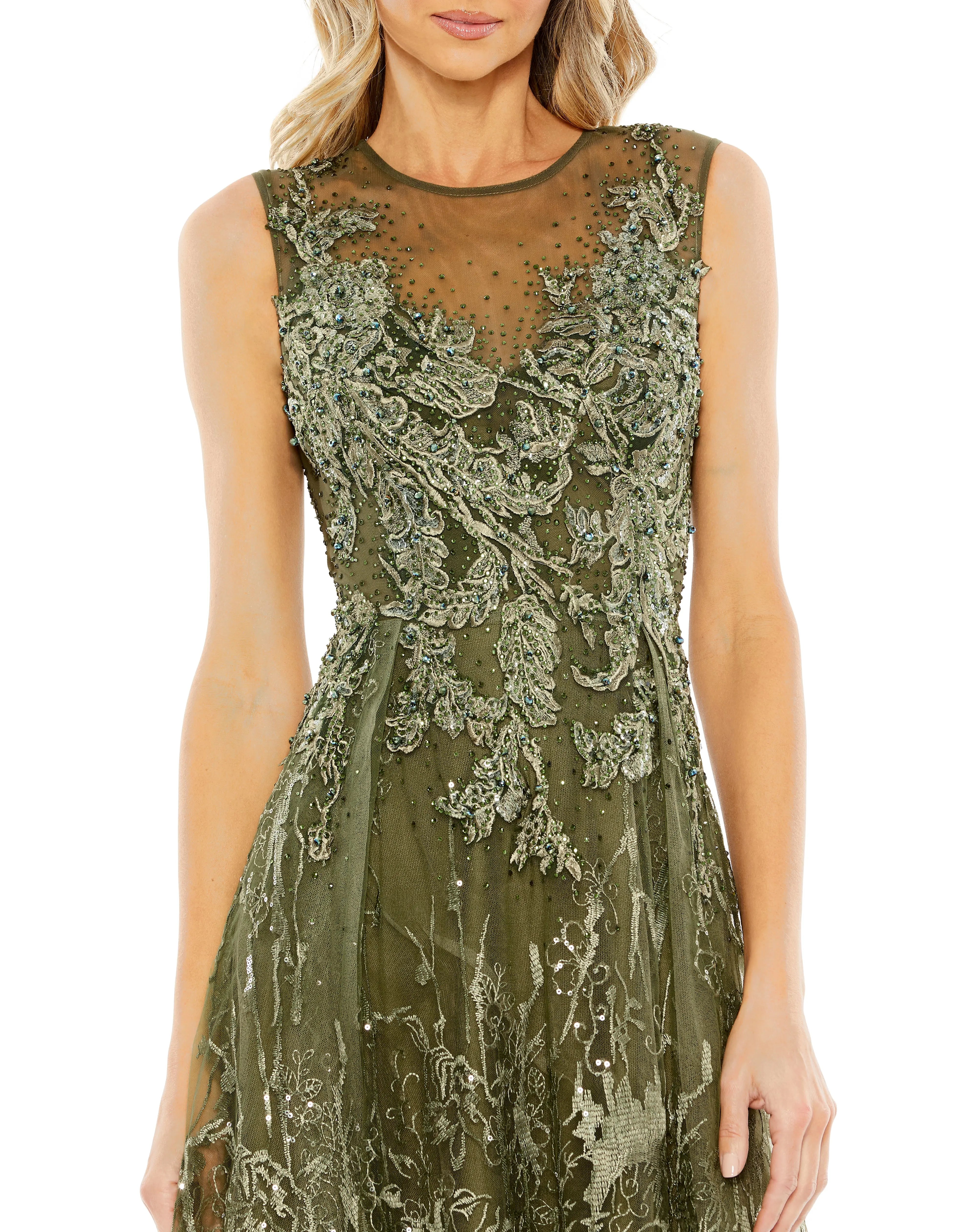 Green Embellished Embroidered Sleeveless A Line Gown Mac Duggal