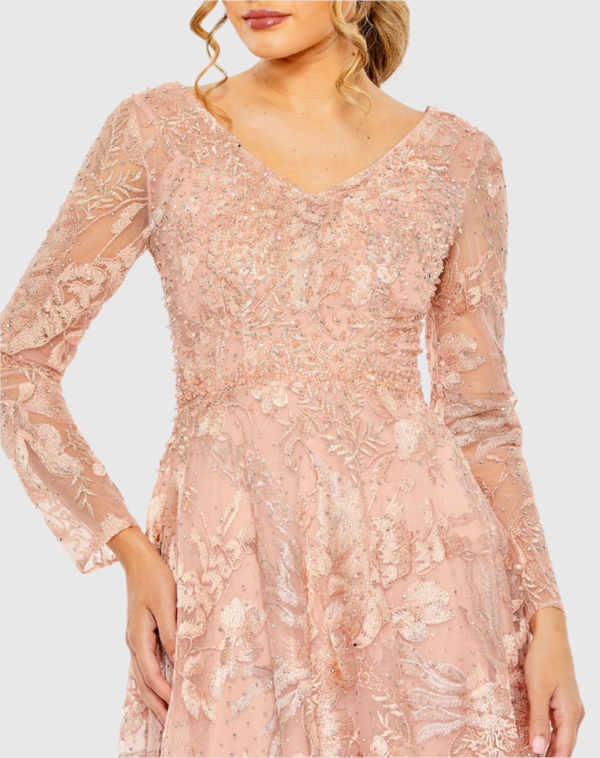 Embellished Long Sleeve V Neck A Line Gown