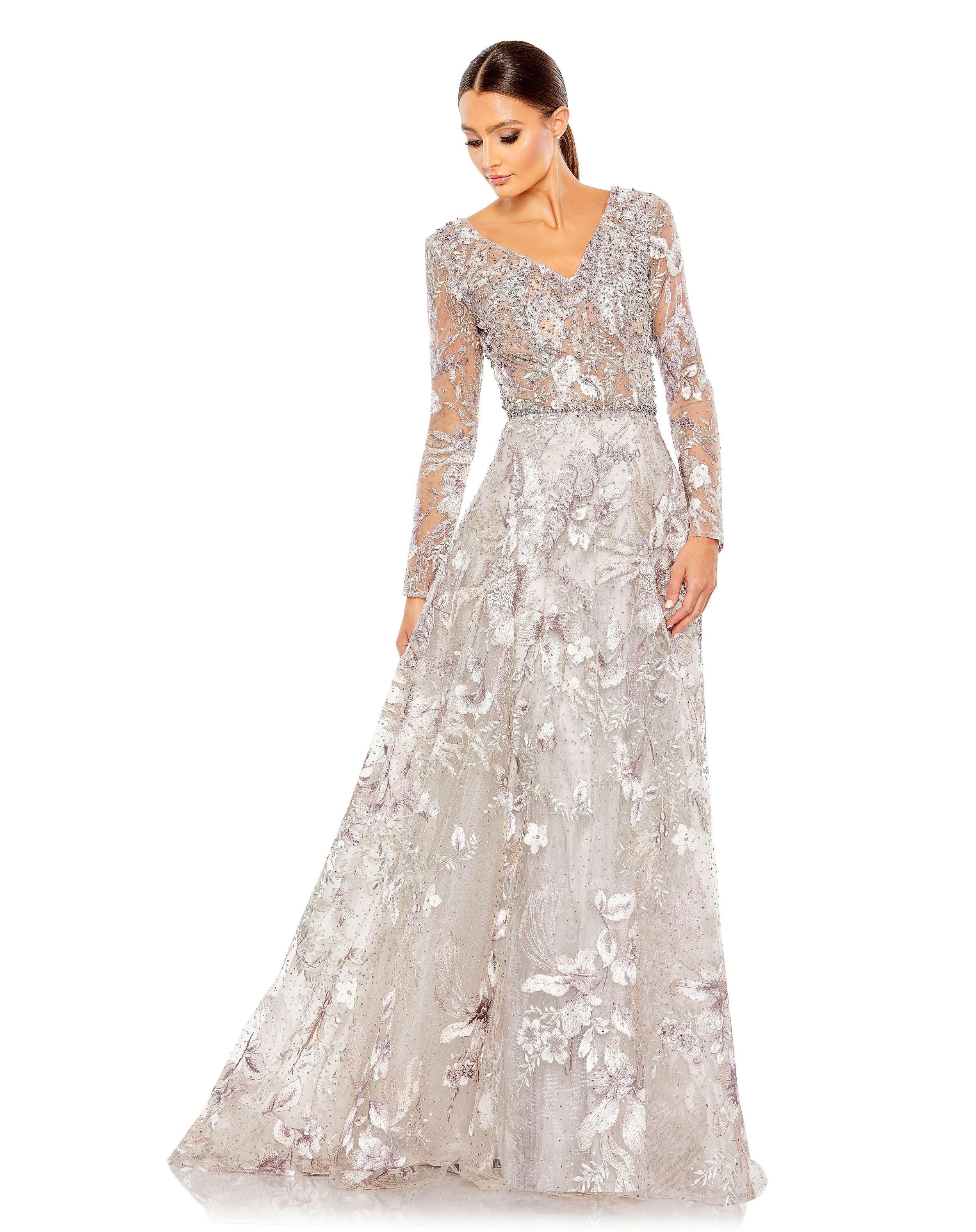 Long Sleeve Beaded Applique Gown