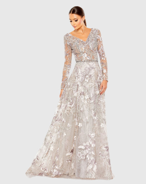 Long Sleeve Beaded Applique Gown