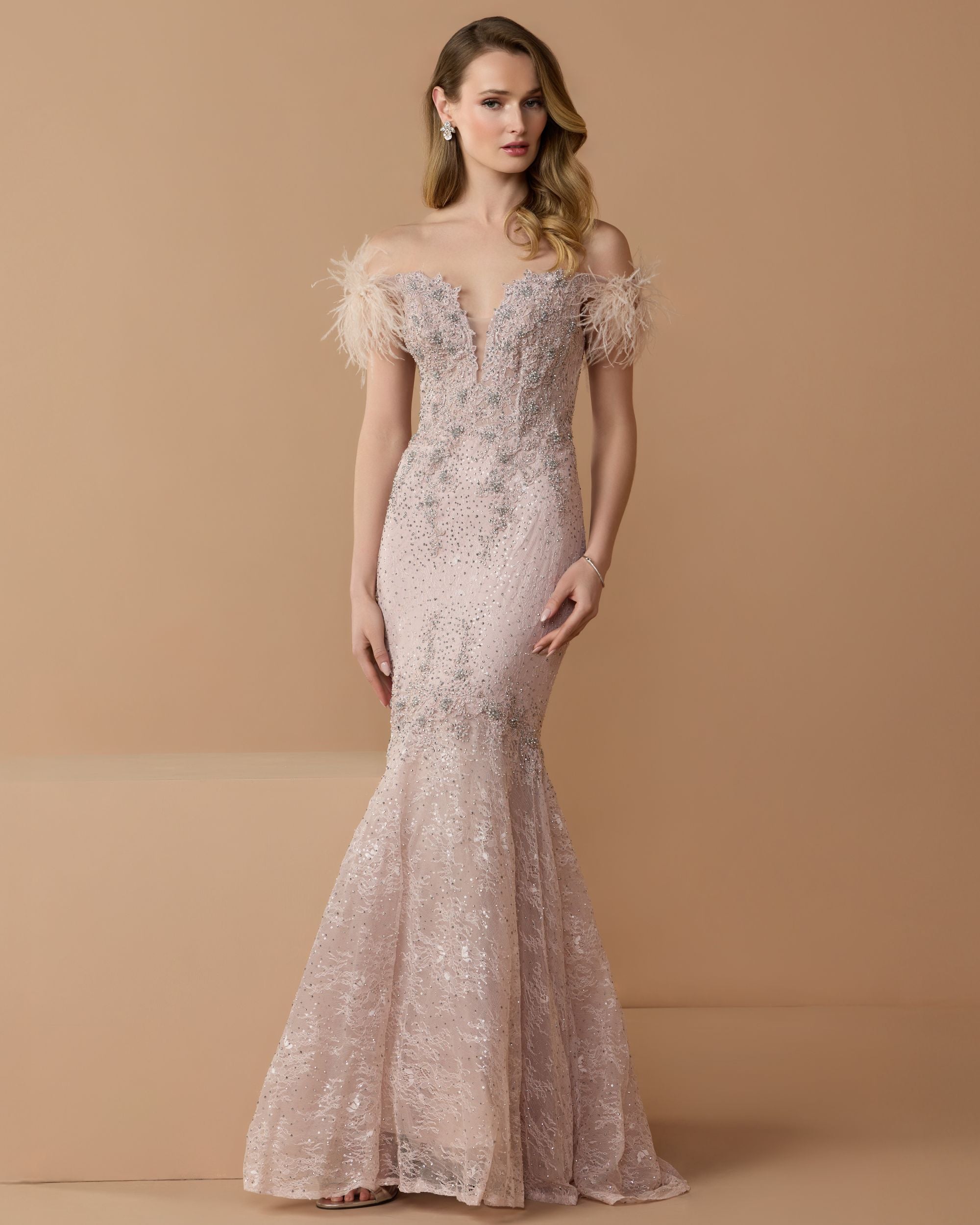 Pink Off The Shoulder Embellished Lace Feather Trim Gown