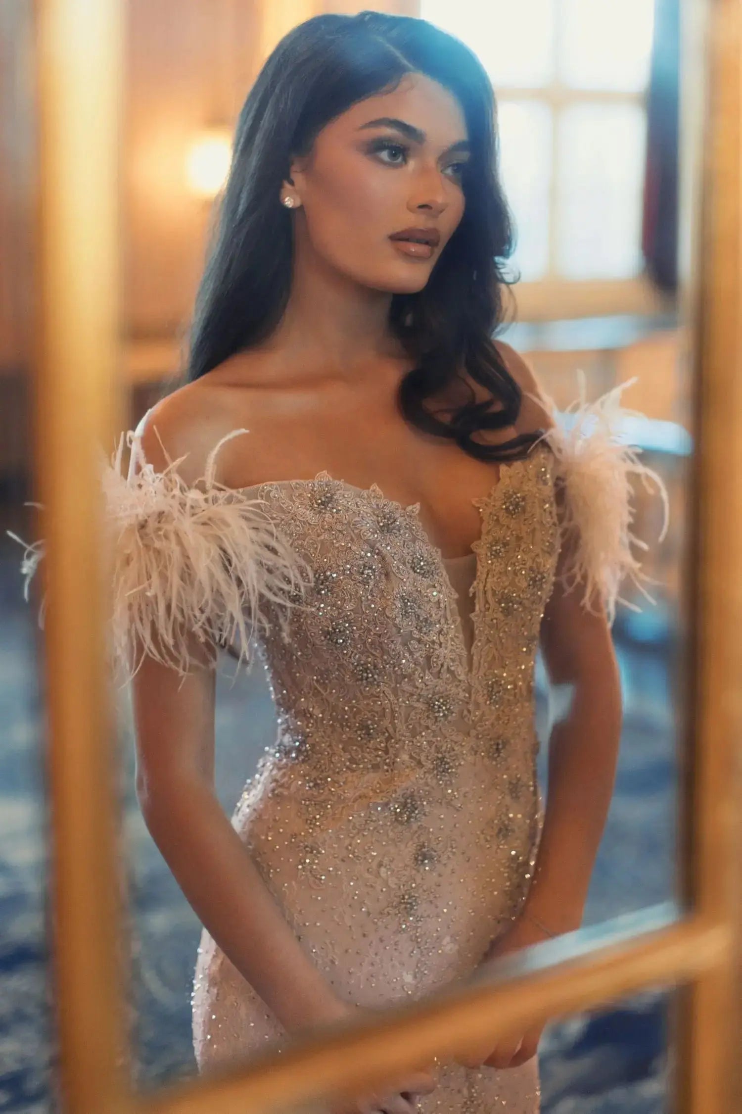 mac duggal feather trim asymmetric dress Sleeveless Faux Wrap Dress with Feather Detail