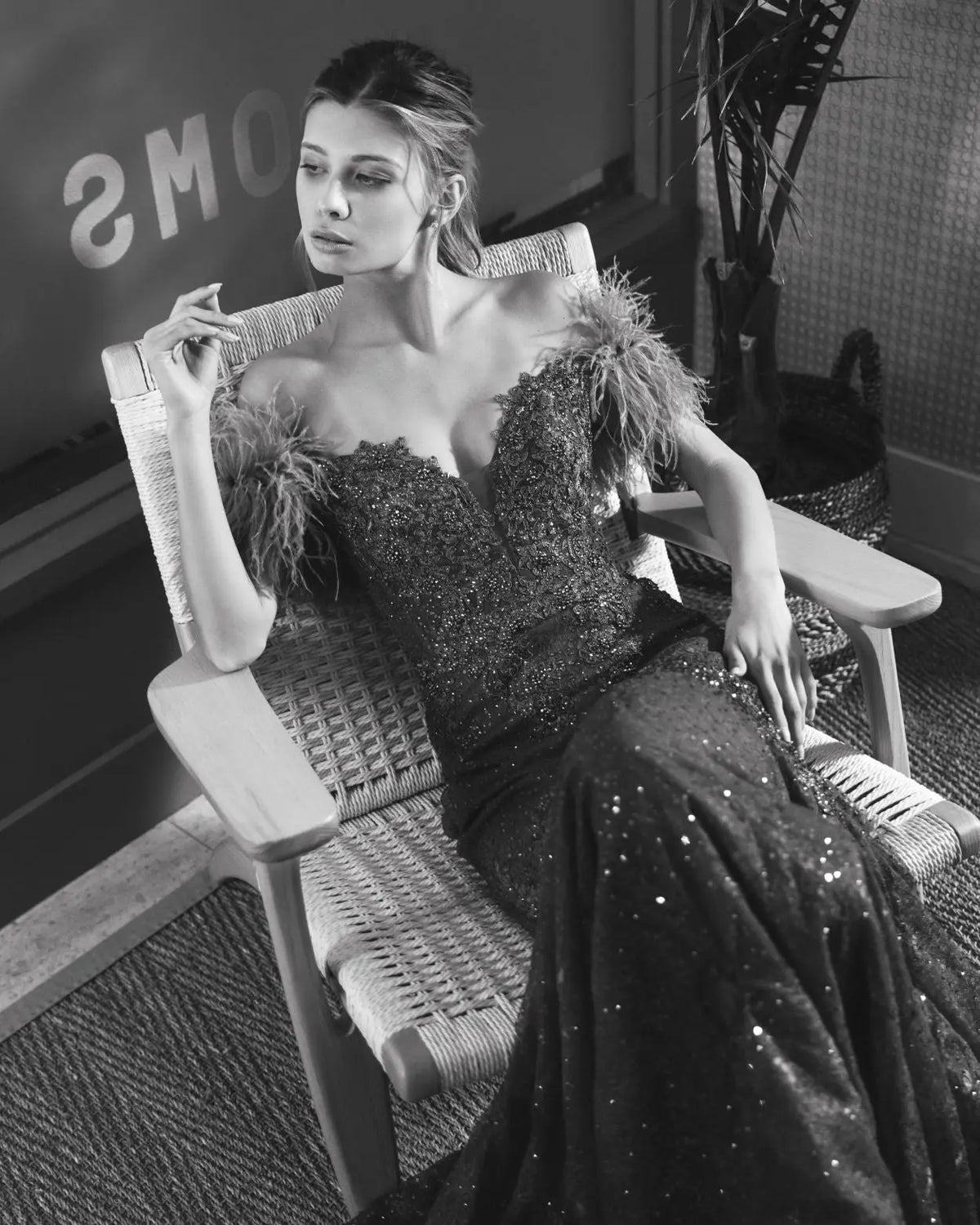 Olive Off The Shoulder Embellished Lace Feather Trim Gown - Mac Duggal