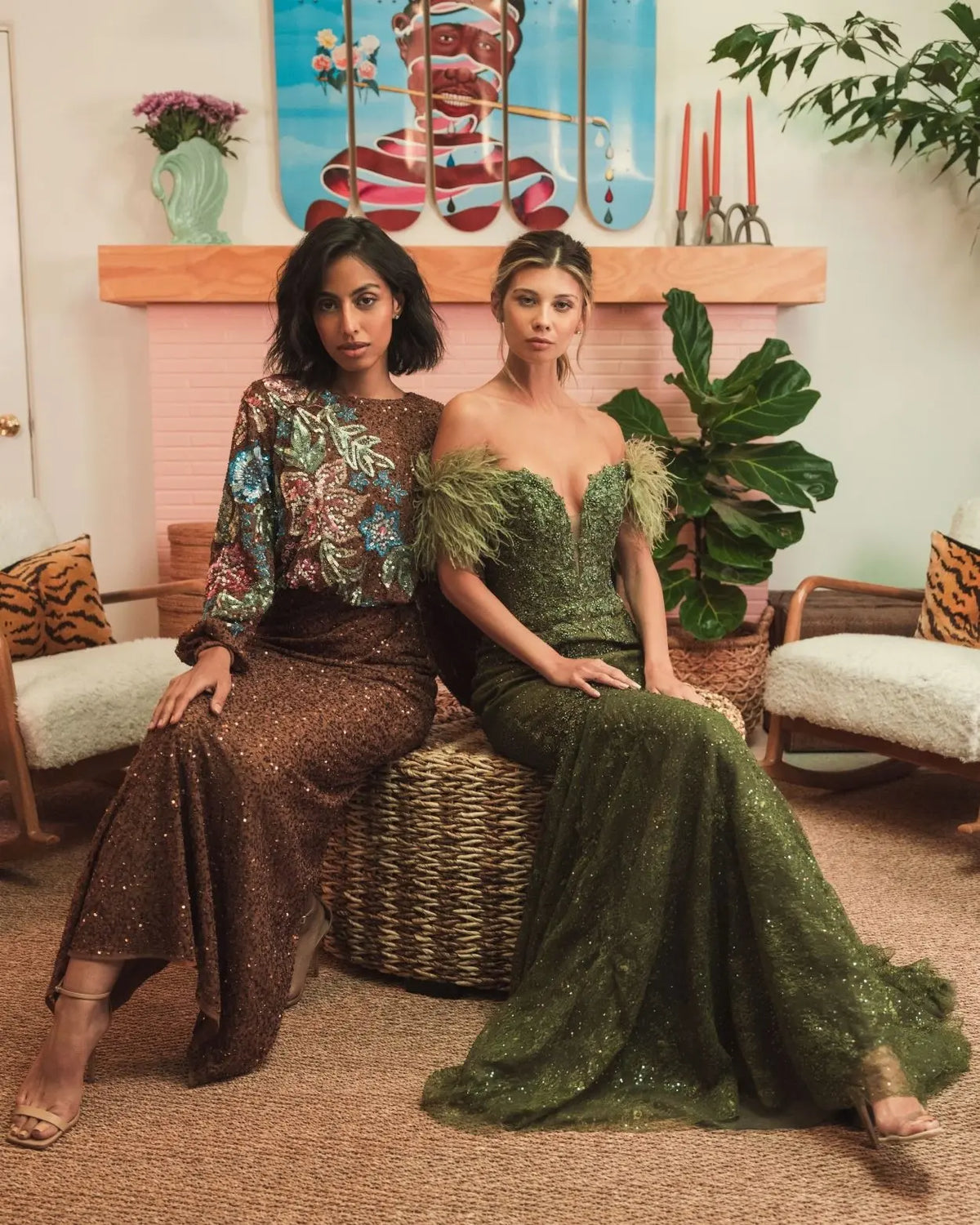 Olive Off The Shoulder Embellished Lace Feather Trim Gown - Mac Duggal