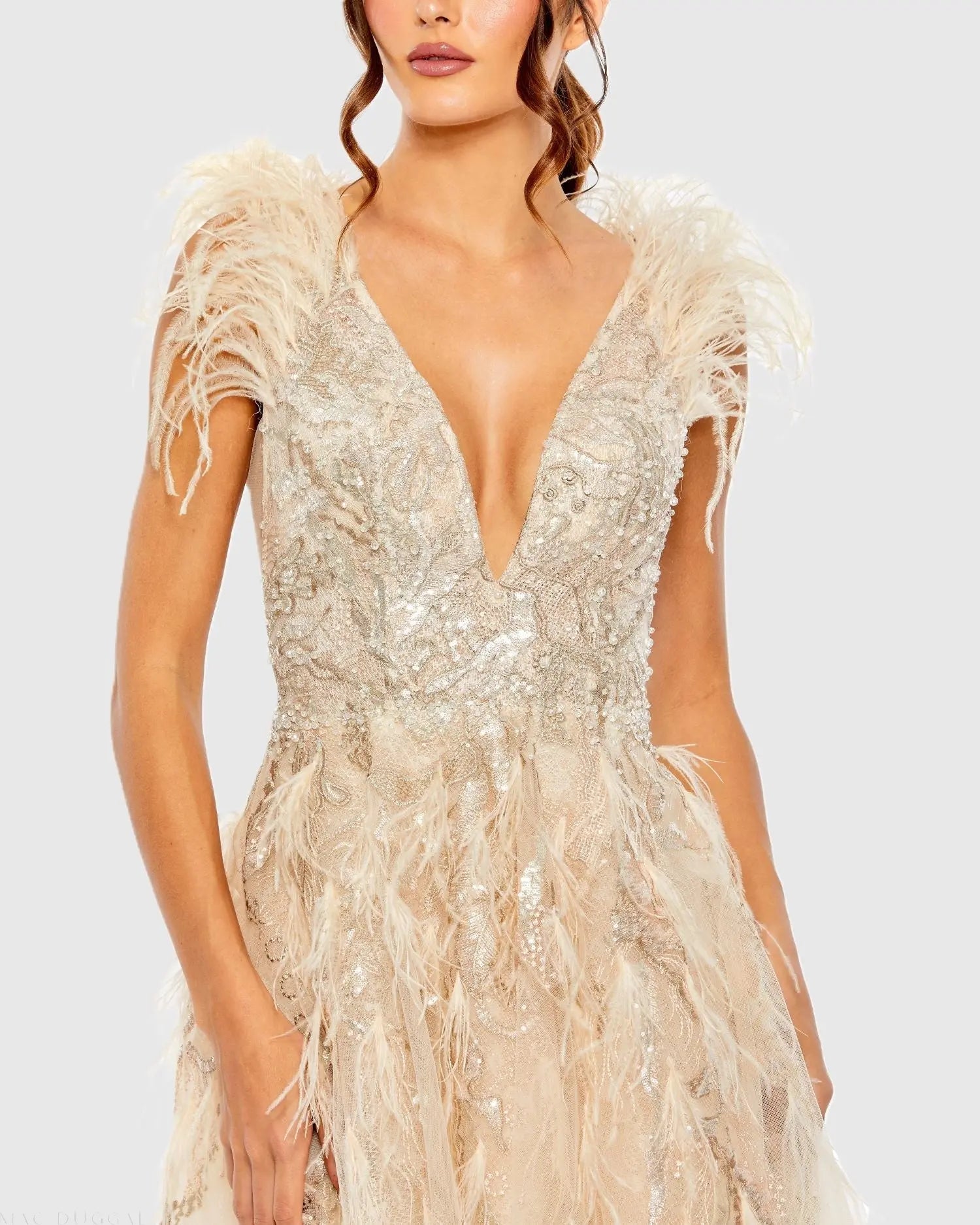 Beige Embellished Feathered Sleeveless A Line Gown - Mac Duggal