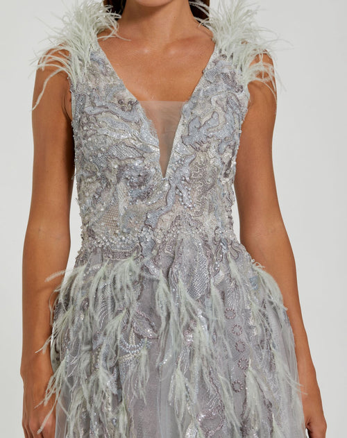 Embellished Feathered Sleeveless A Line Gown