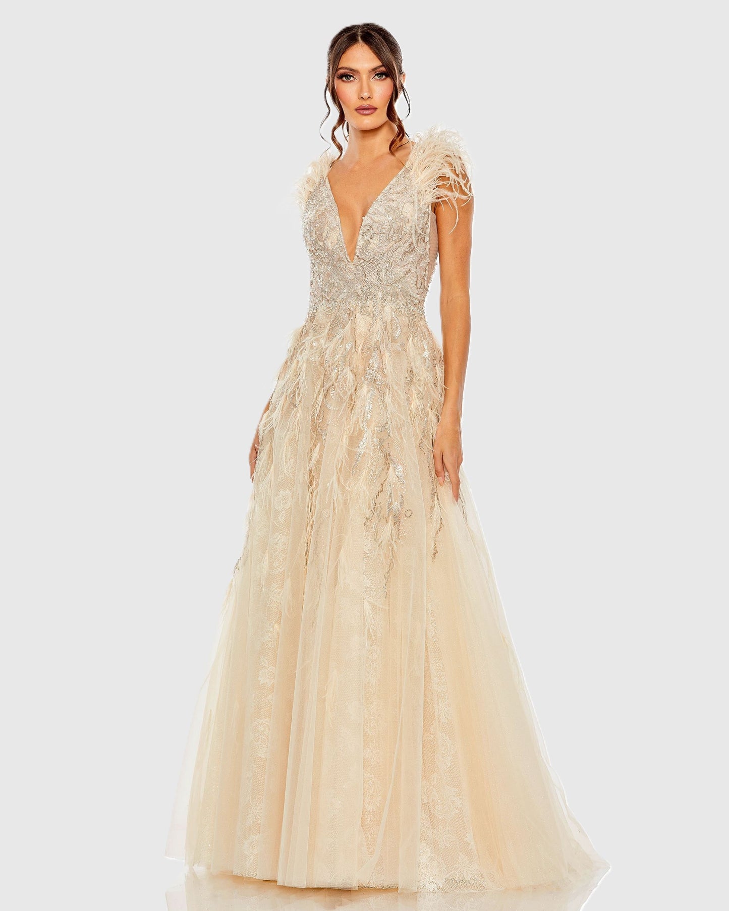 Embellished Feathered Sleeveless A Line Gown