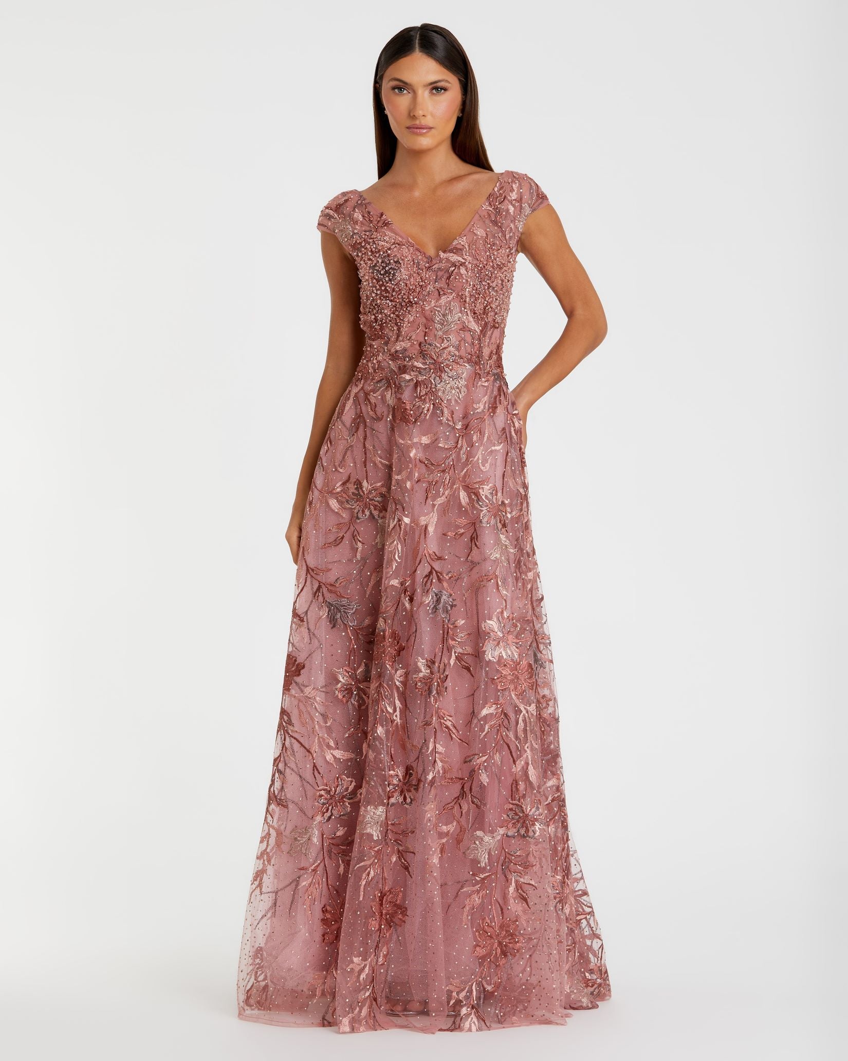 Embroidered Illusion Cap Sleeve A Line Gown