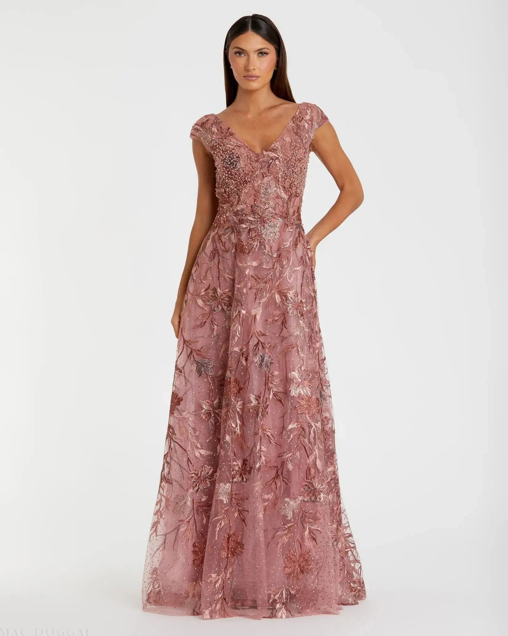 Pink Embroidered Illusion Cap Sleeve A Line Gown - Mac Duggal 