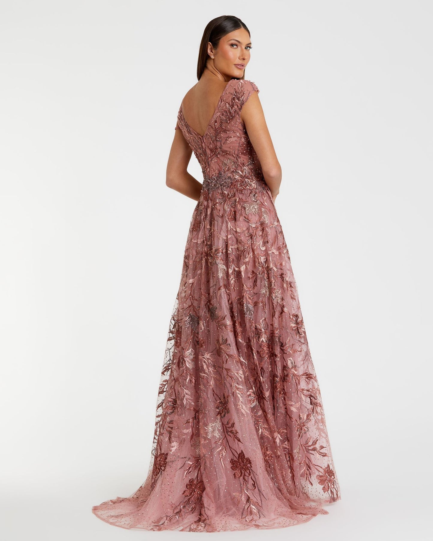 Embroidered Illusion Cap Sleeve A Line Gown