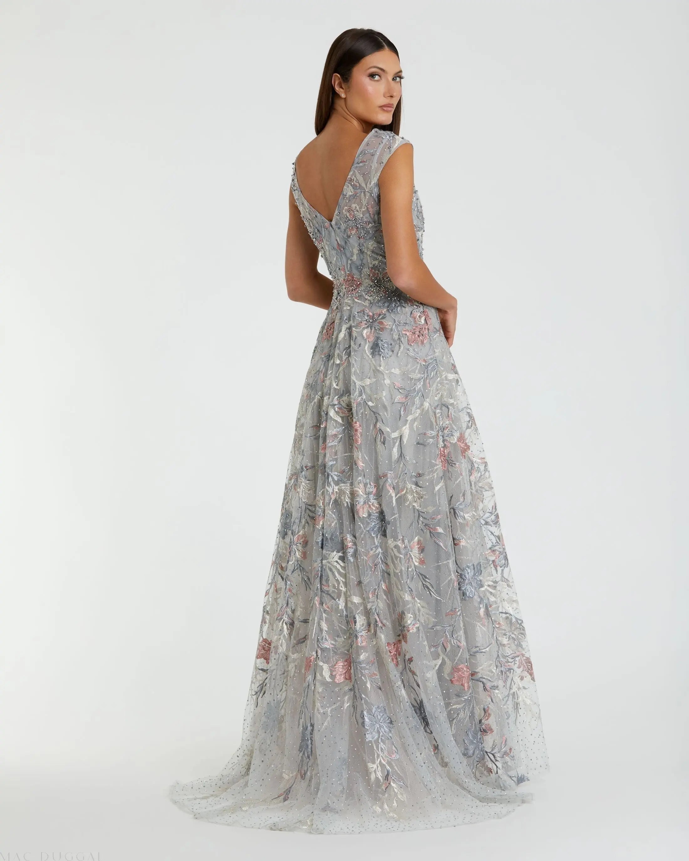 Gray Embroidered Illusion Cap Sleeve A Line Gown - Mac Duggal