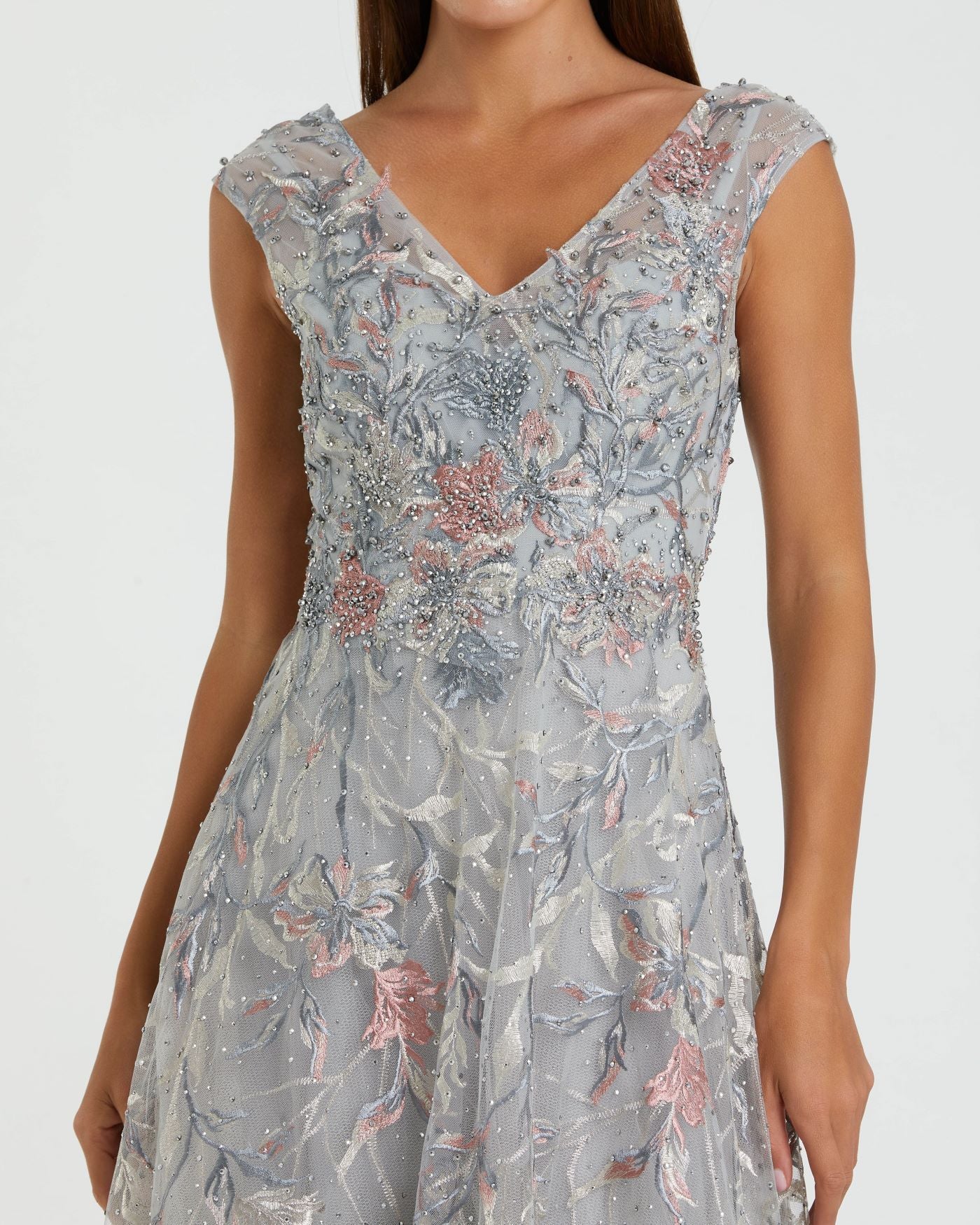 Gray Embroidered Illusion Cap Sleeve A Line Gown