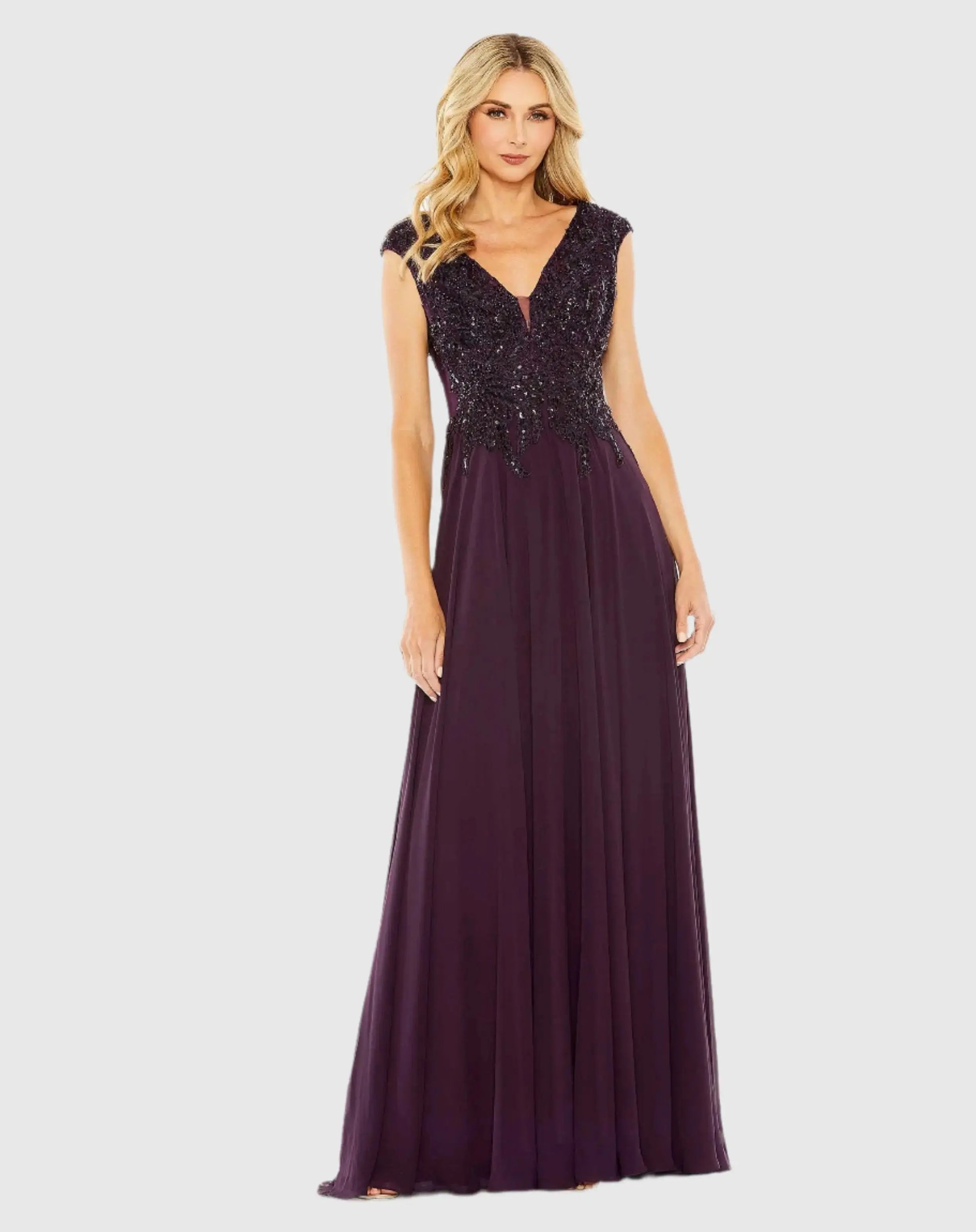 Purple Cap Sleeve Applique Bodice Flowy Gown | Mac Duggal Purple Cap Sleeve Applique Bodice Flowy Gown | Mac Duggal