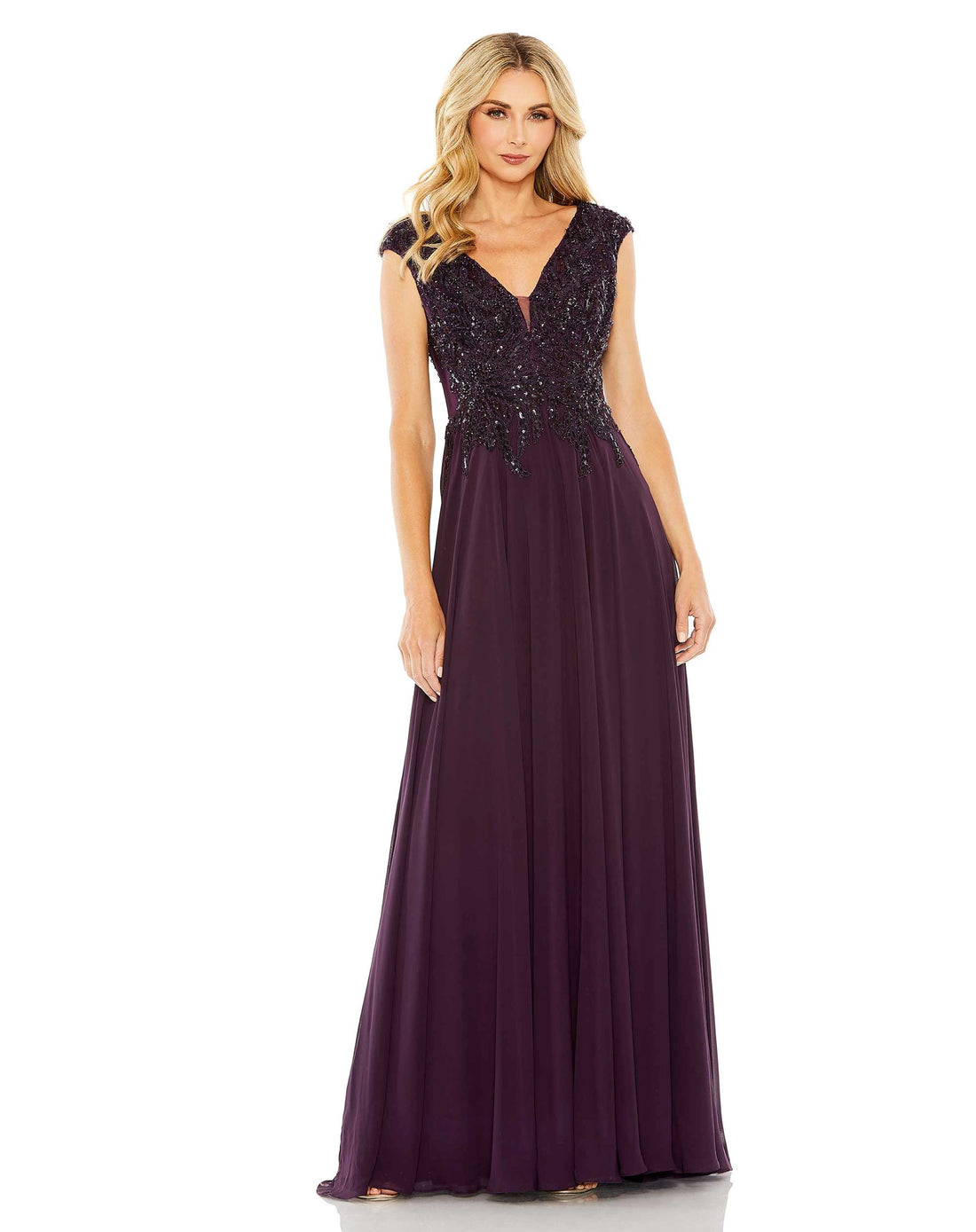 Appliqued Cap Sleeve Bodice Flowy Gown