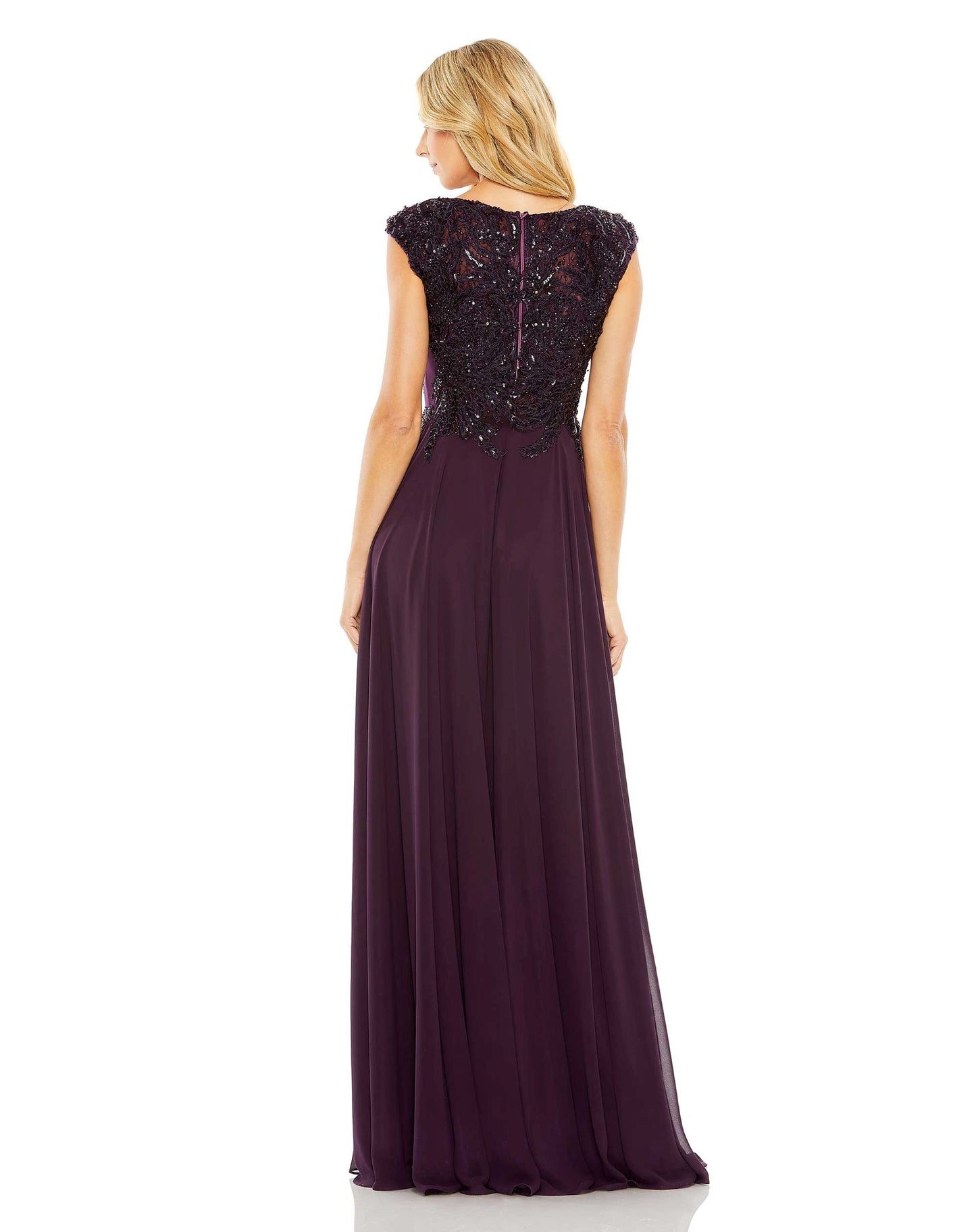 Appliqued Cap Sleeve Bodice Flowy Gown