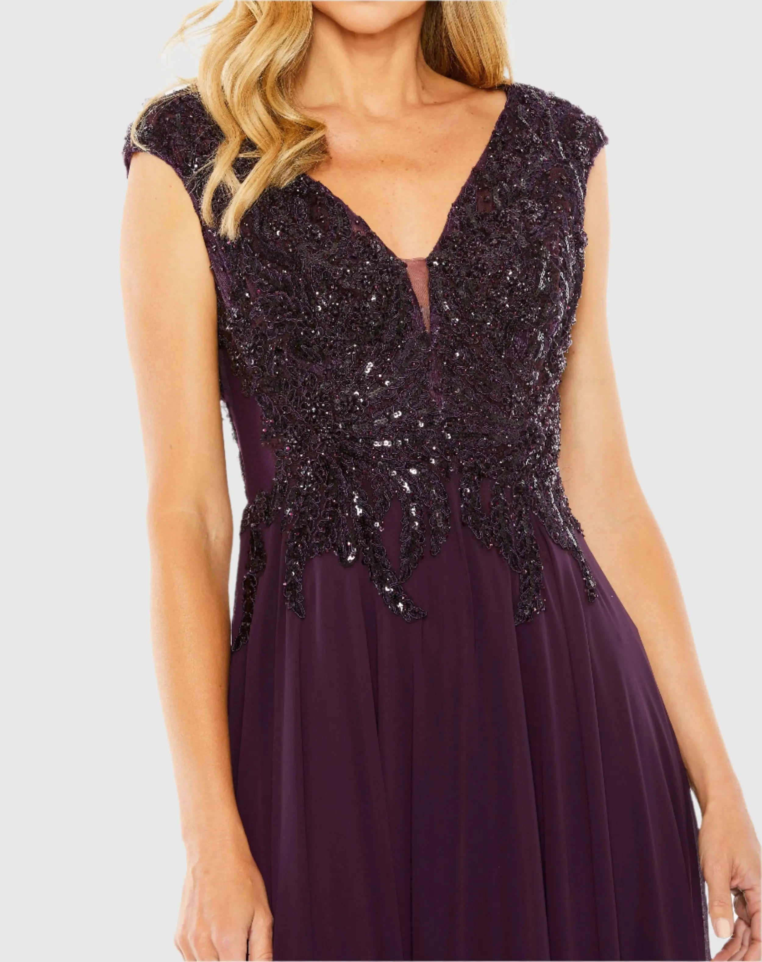 Purple Applique Cap Sleeve Bodice Flowy Gown - Mac Duggal