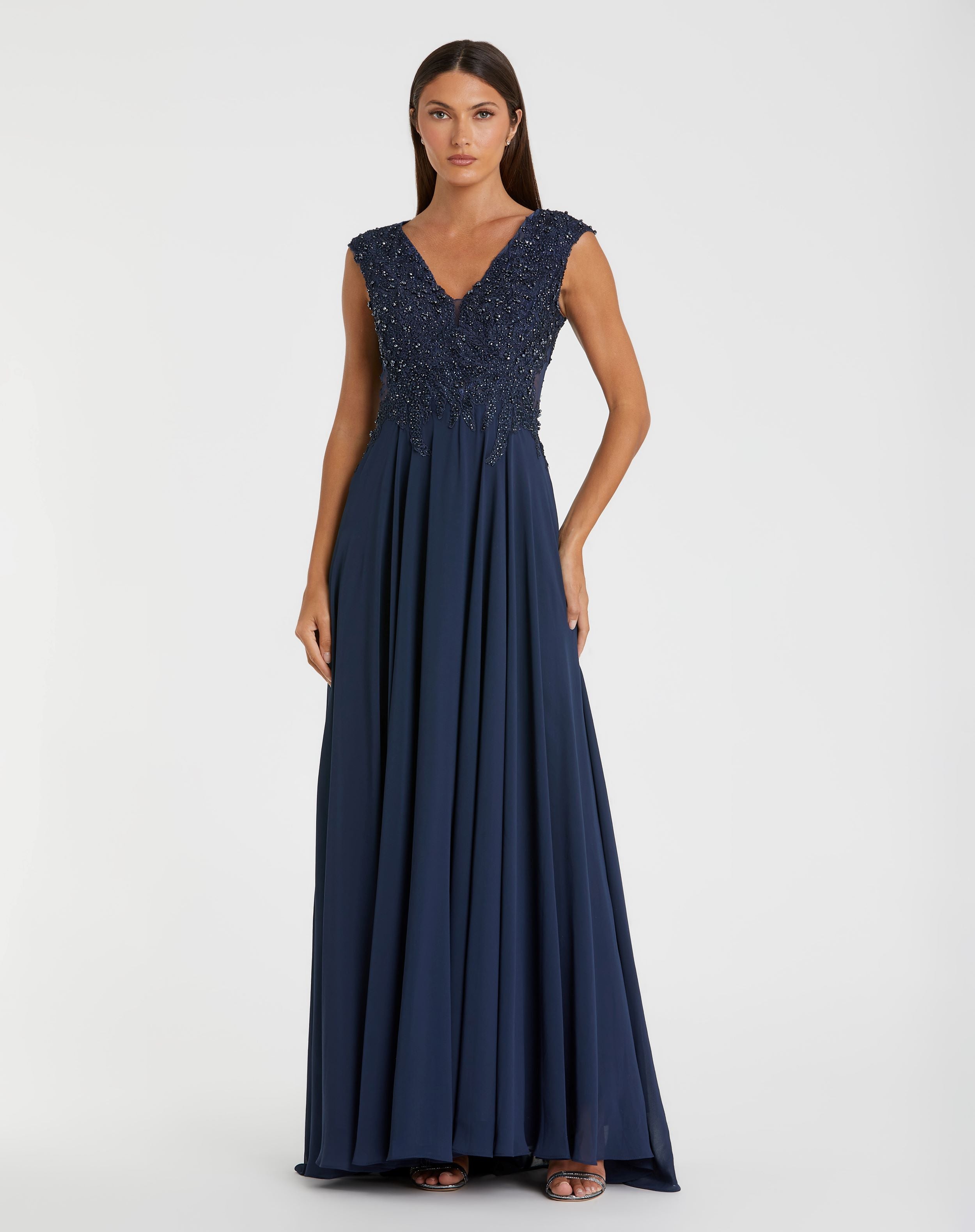 Appliqued Cap Sleeve Bodice Flowy Gown