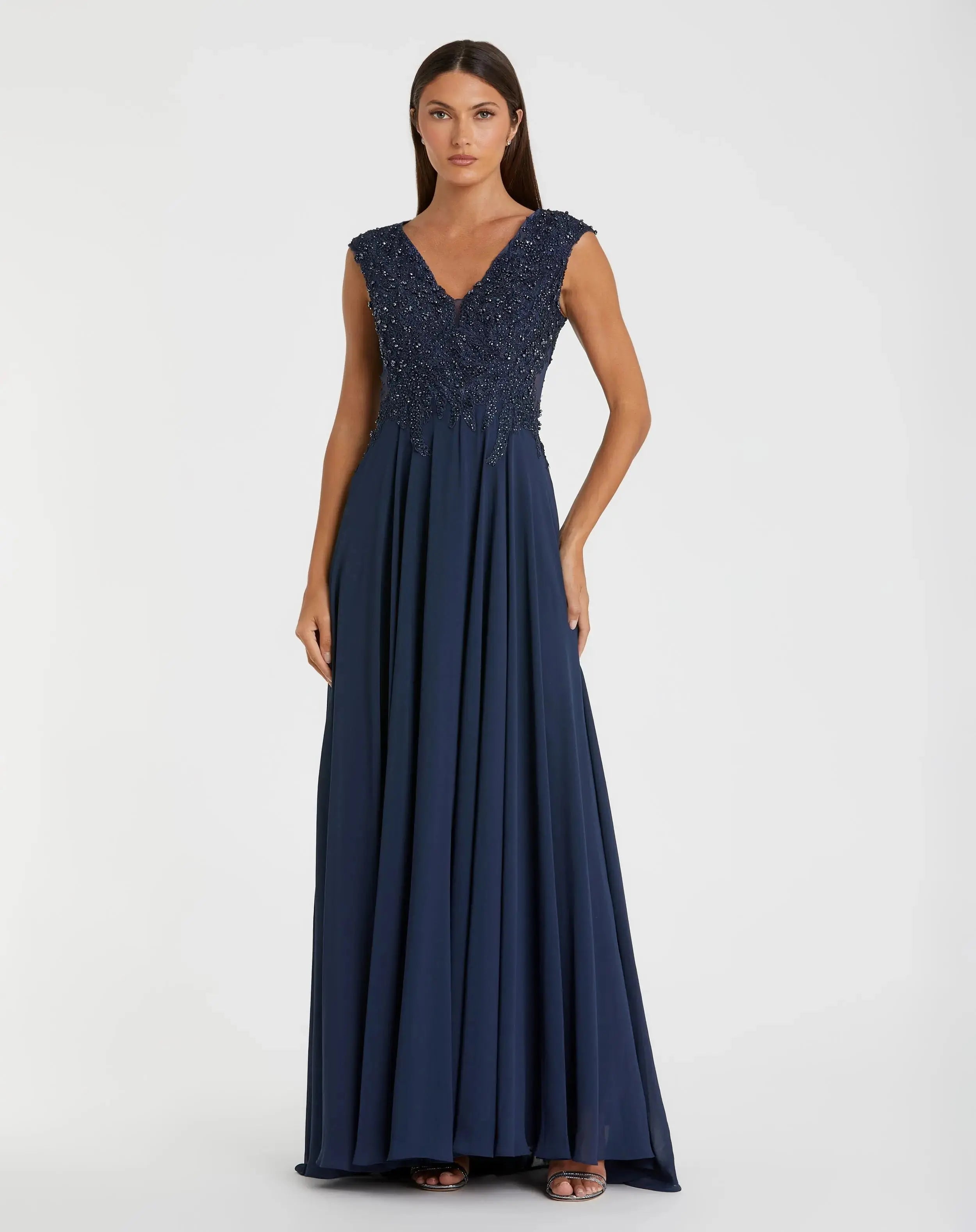 Navy Applique Cap Sleeve Bodice Flowy Gown - Mac Duggal