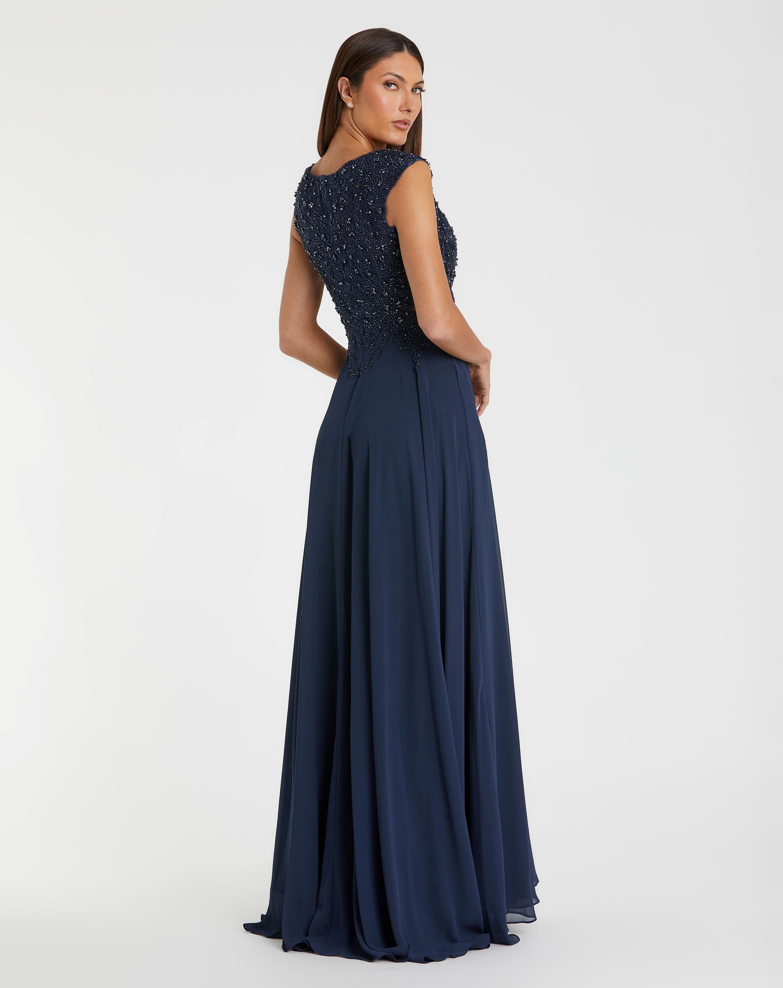 Appliqued Cap Sleeve Bodice Flowy Gown