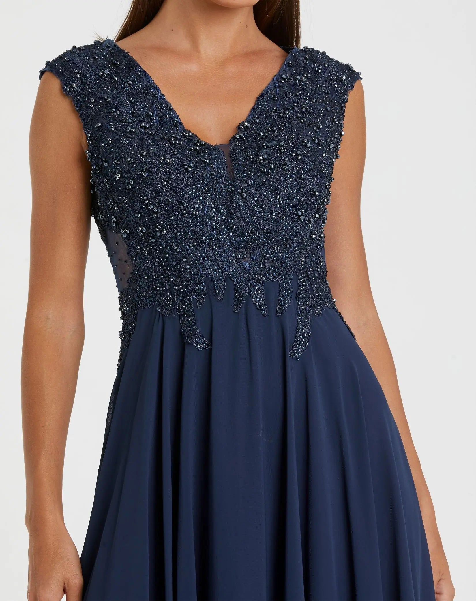 Navy Cap Sleeve Applique Bodice Flowy Gown | Mac Duggal Navy Cap Sleeve Applique Bodice Flowy Gown | Mac Duggal