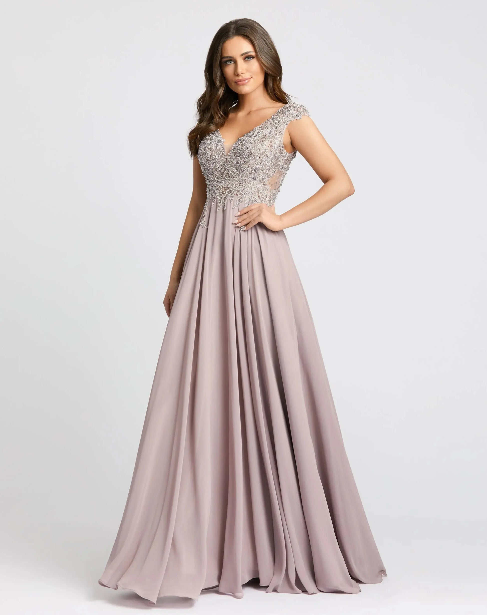 Light Purple Cap Sleeve Applique Bodice Flowy Gown | Mac Duggal Light Purple Cap Sleeve Applique Bodice Flowy Gown | Mac Duggal
