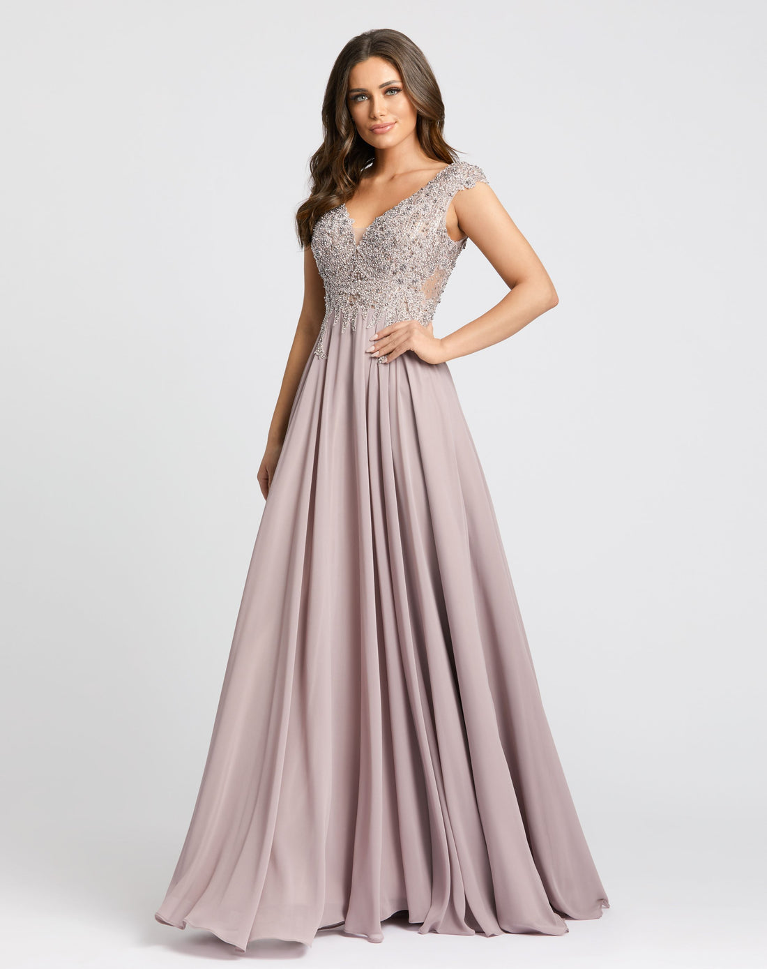 Appliqued Cap Sleeve Bodice Flowy Gown