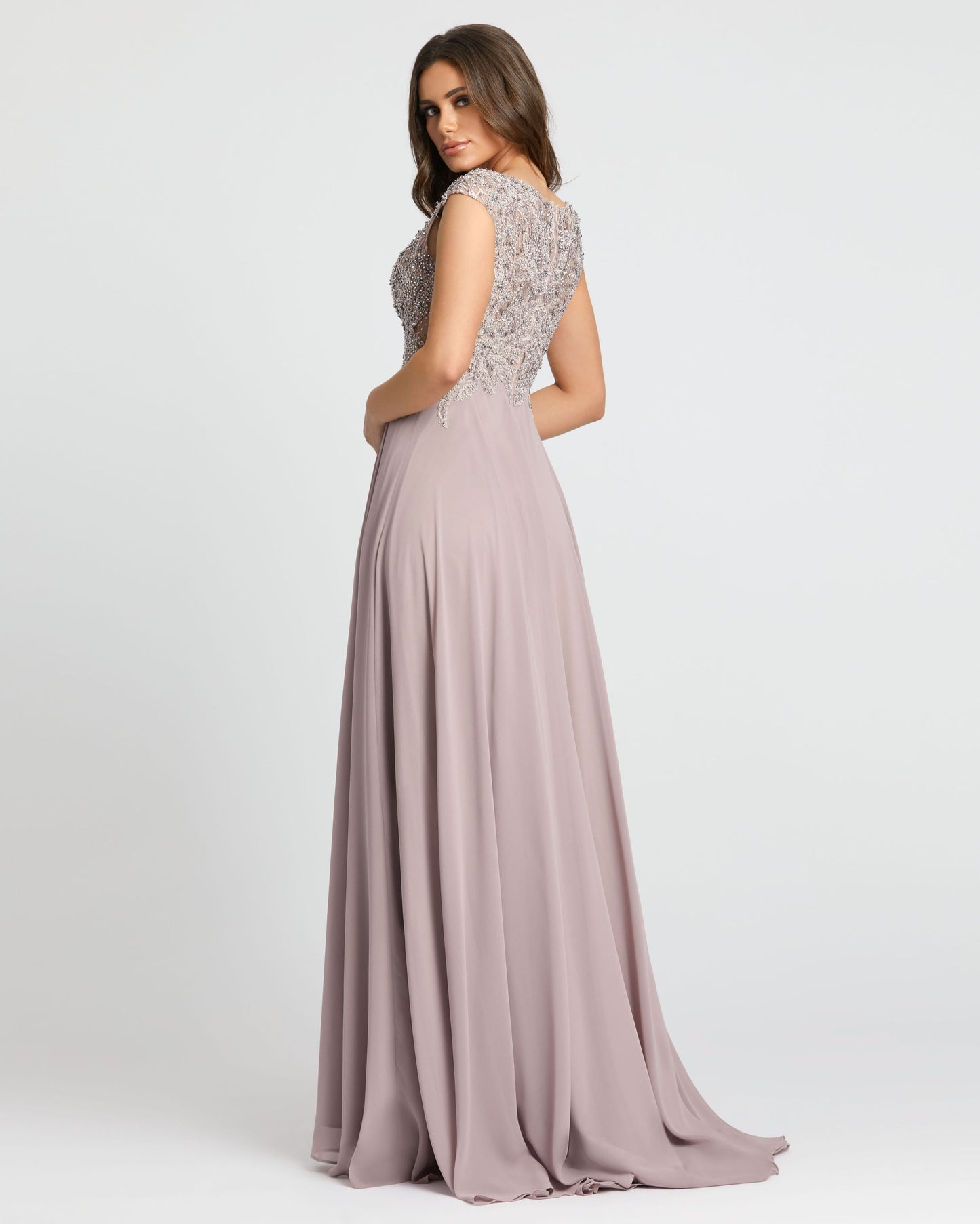 Appliqued Cap Sleeve Bodice Flowy Gown