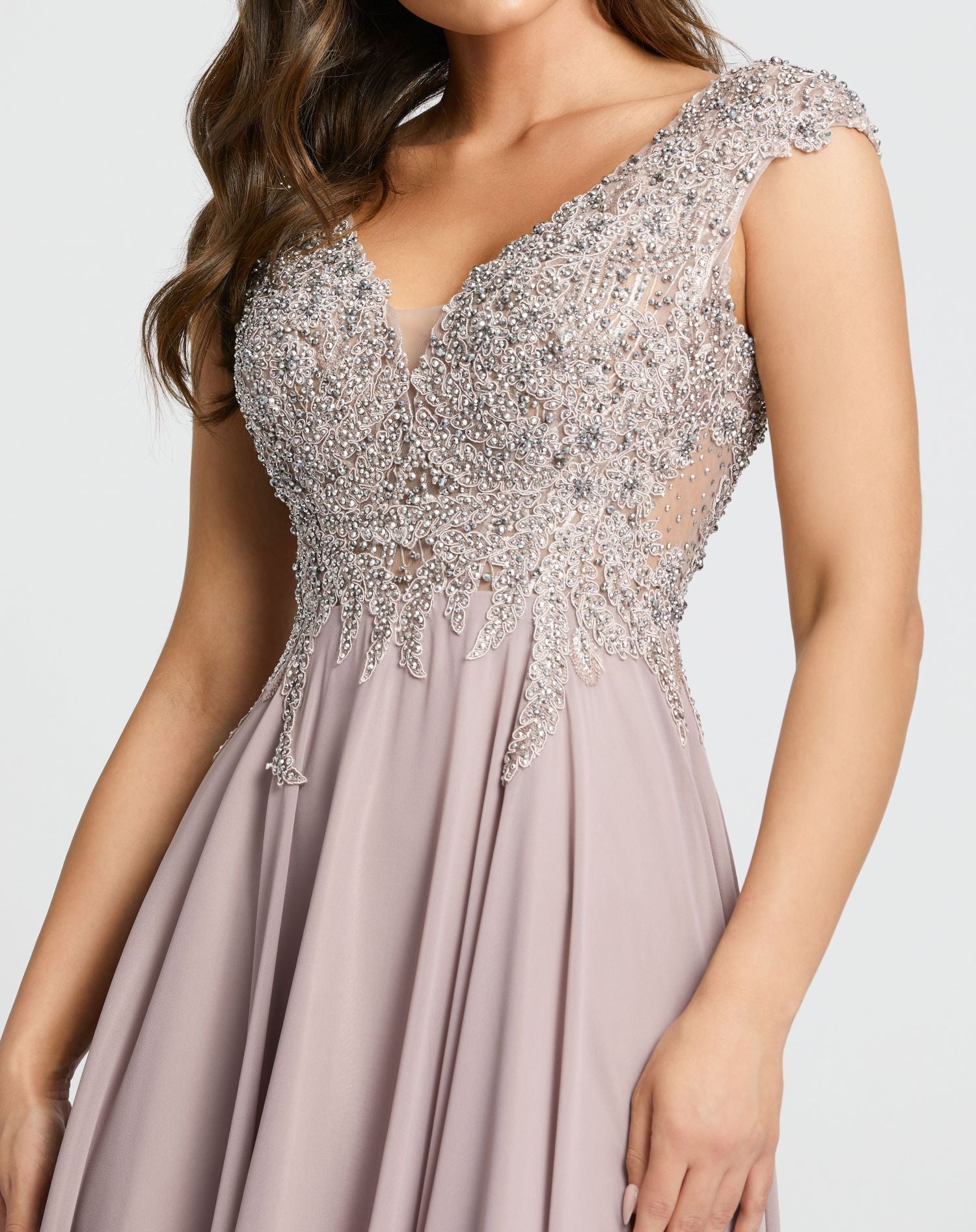 Appliqued Cap Sleeve Bodice Flowy Gown