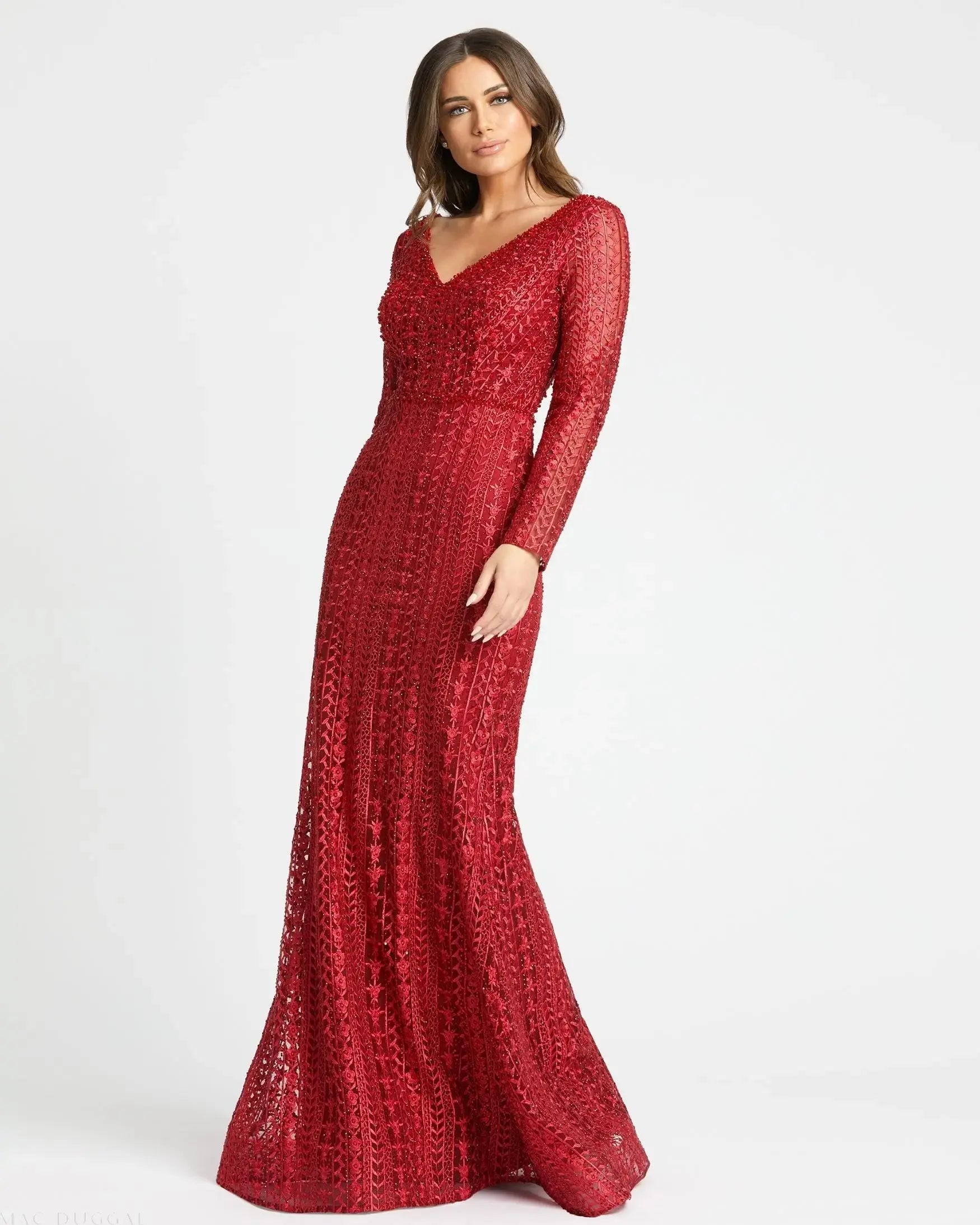 Red Embroidered Long Sleeve V Neck Trumpet Gown - Mac Duggal