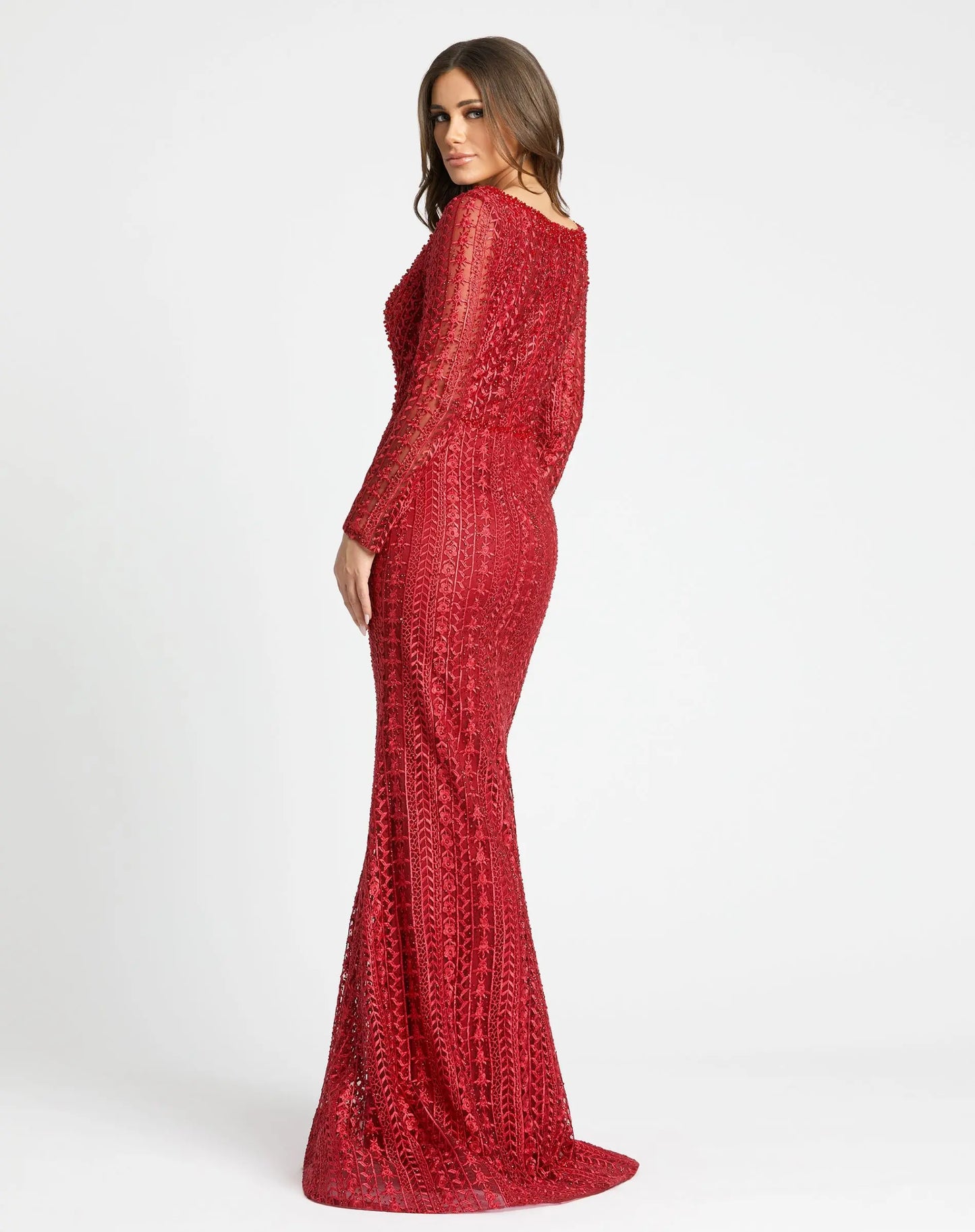 Red Embroidered Long Sleeve V Neck Trumpet Gown - Mac Duggal
