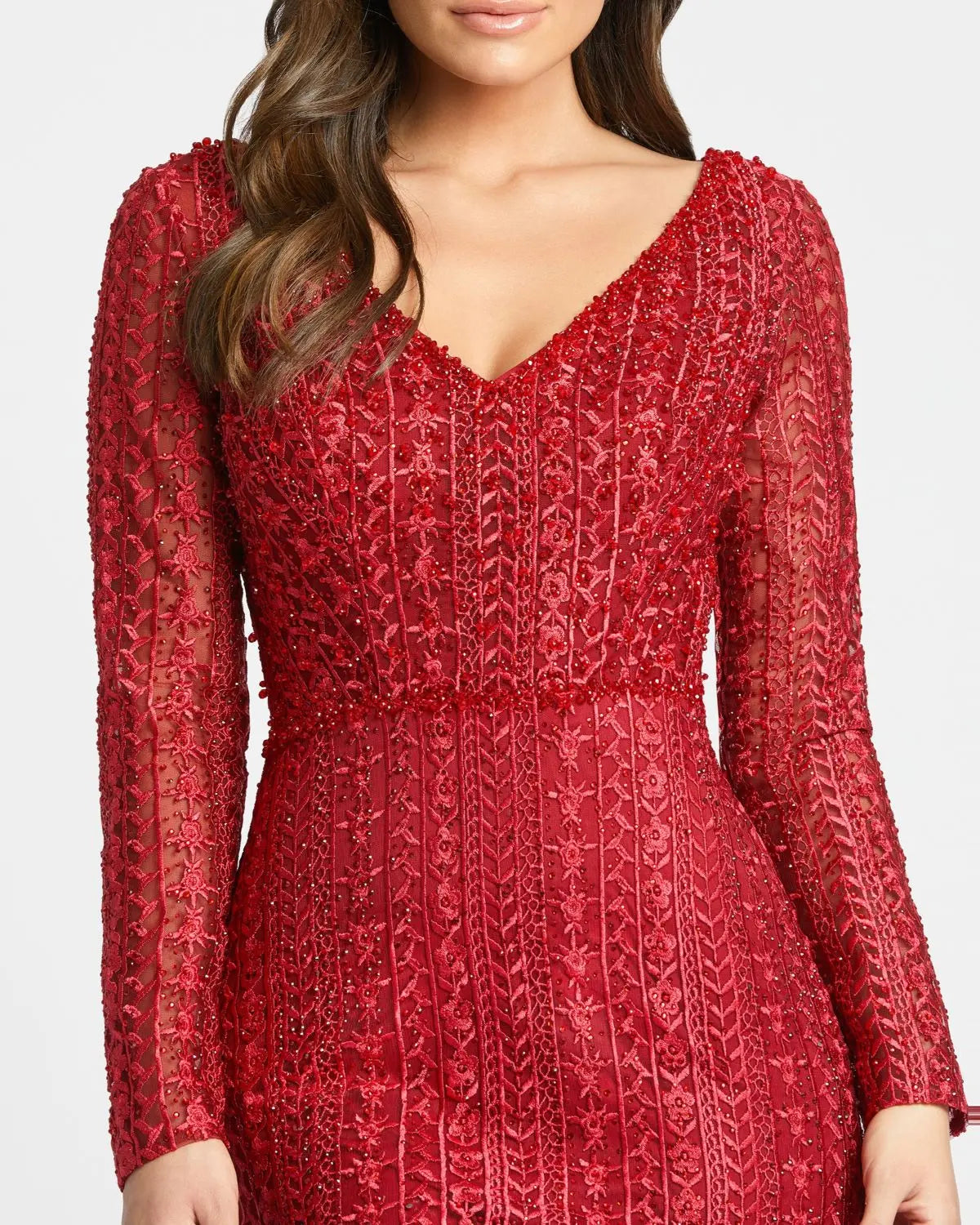 Red Embroidered Long Sleeve V Neck Trumpet Gown - Mac Duggal