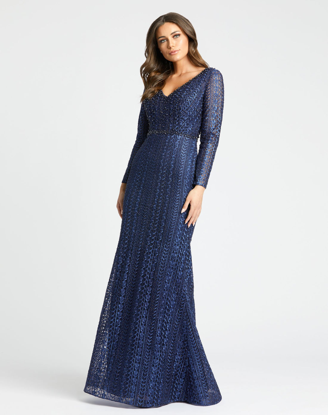 Embroidered Long Sleeve V Neck Trumpet Gown