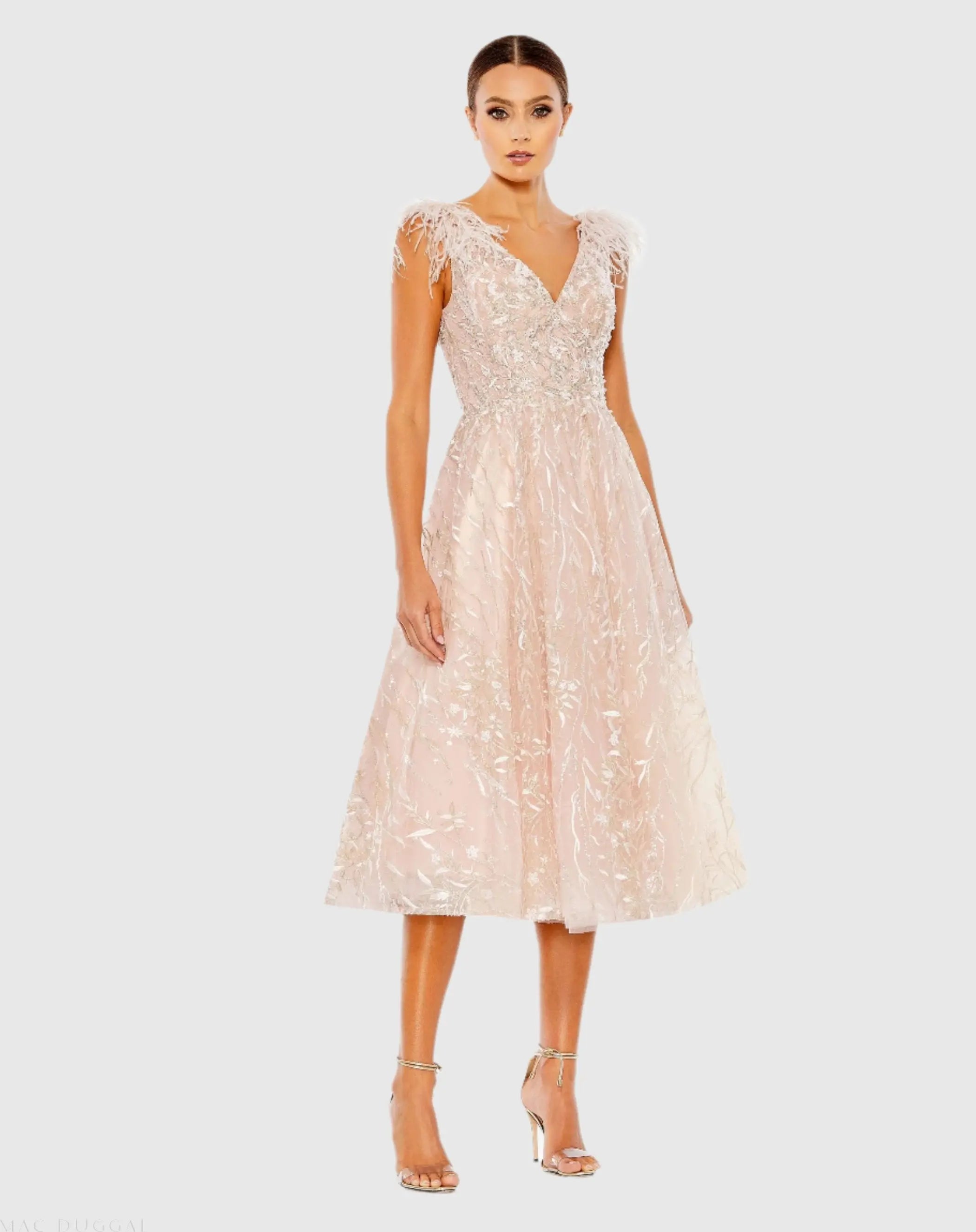 Pink Embroidered Sleeveless Feather Detail Midi Dress - Mac Duggal