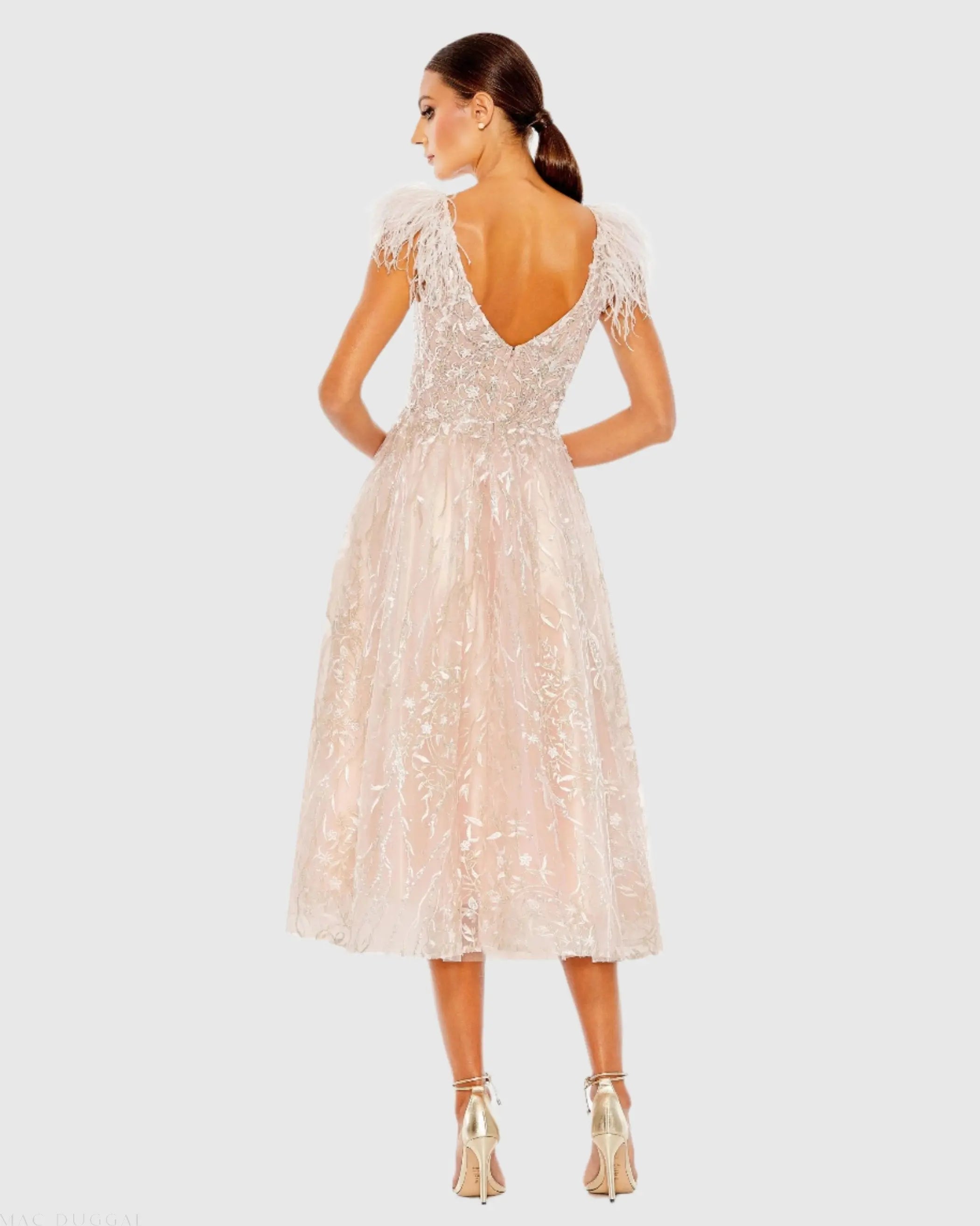 Pink Embroidered Sleeveless Feather Detail Midi Dress - Mac Duggal